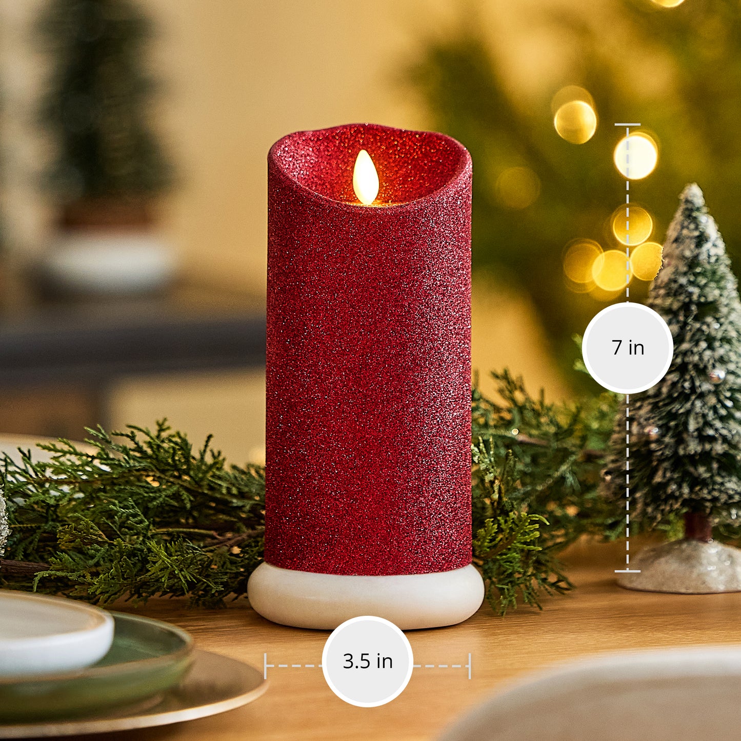 Holiday Red Glitter Flameless Candle Pillar