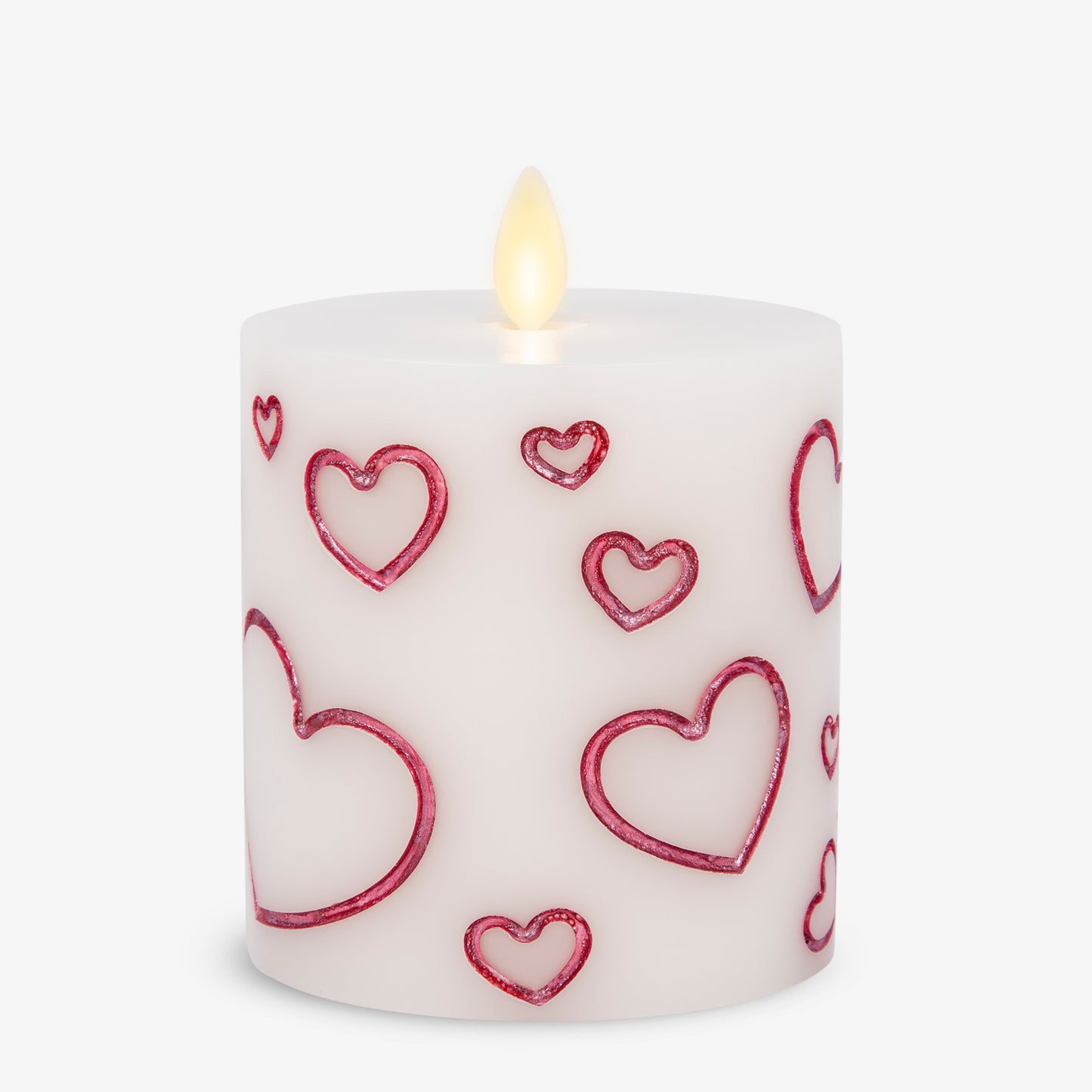 White Porcelain with Metallic Raspberry Hearts Flameless Candle Pillar