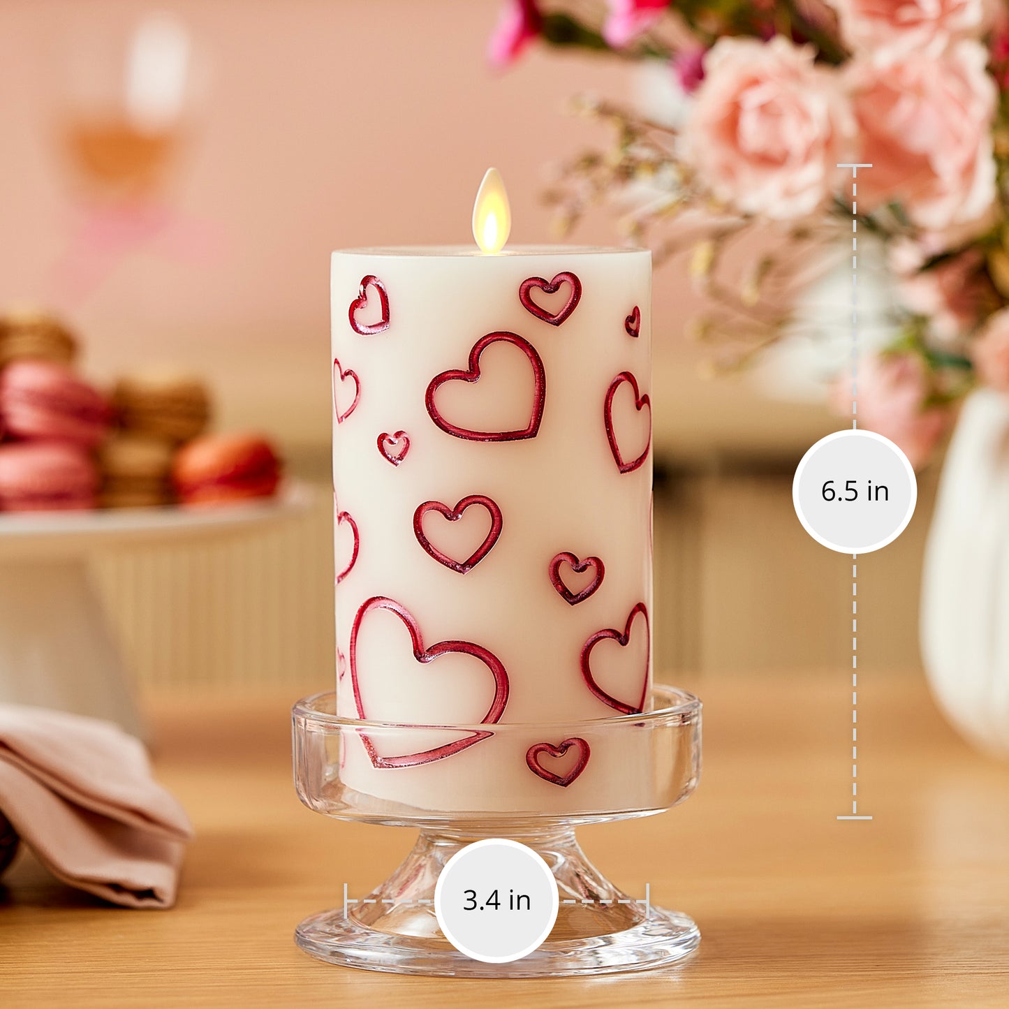 White Porcelain with Metallic Raspberry Hearts Flameless Candle Pillar