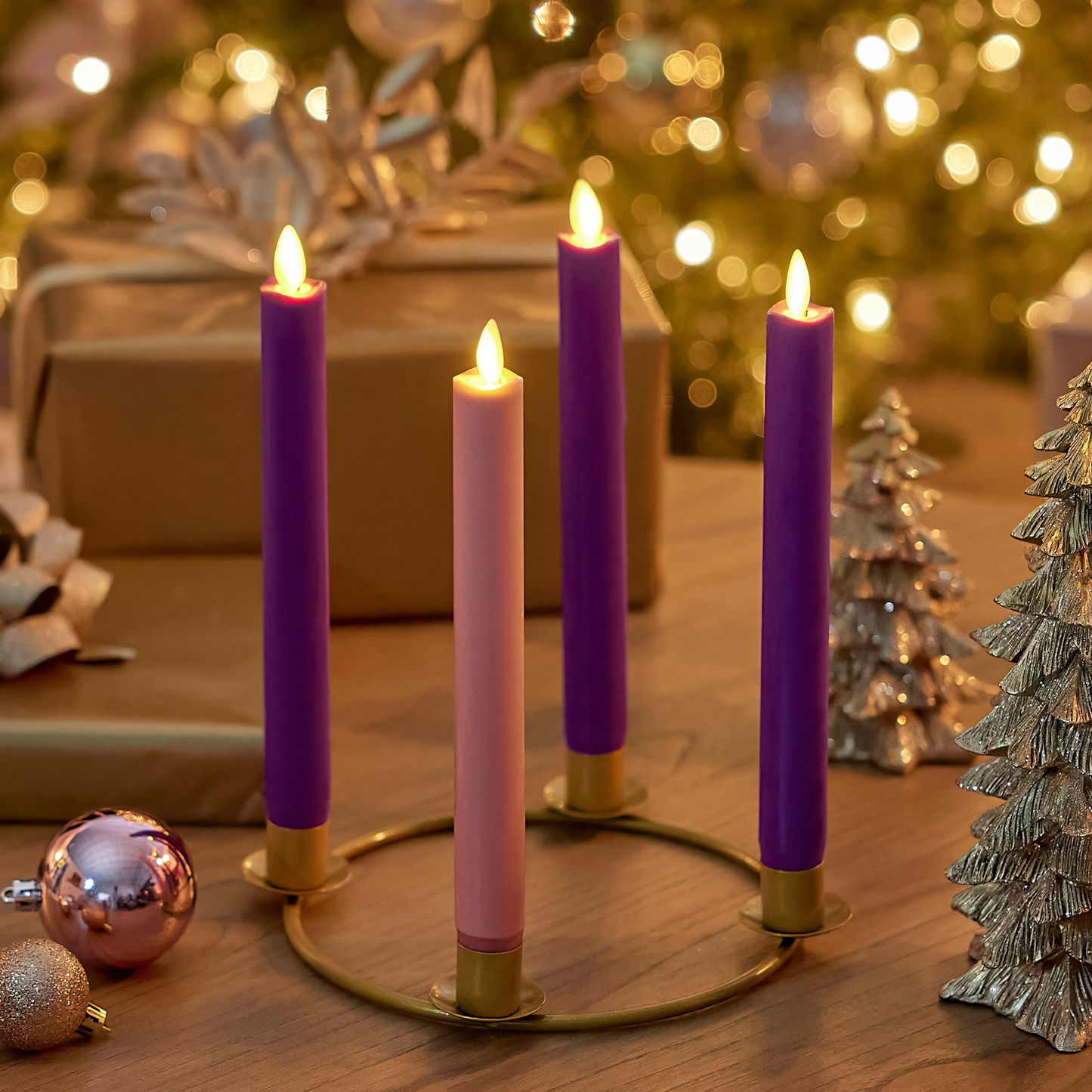 Purple Flameless Candle Tapers - Melted Top - 9.75" Height - Set of 2