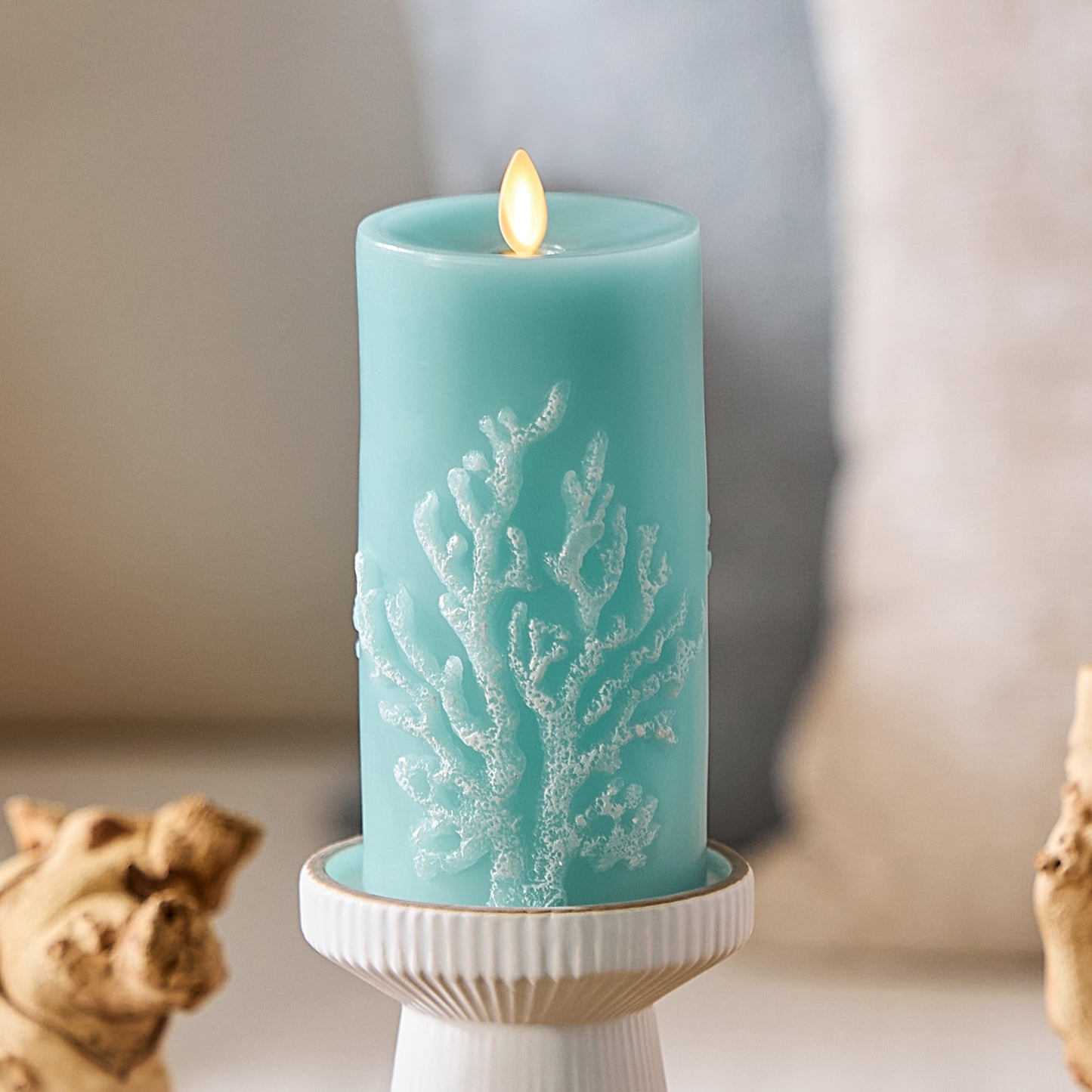 Soft Teal Embossed Coral Flameless Candle Pillar