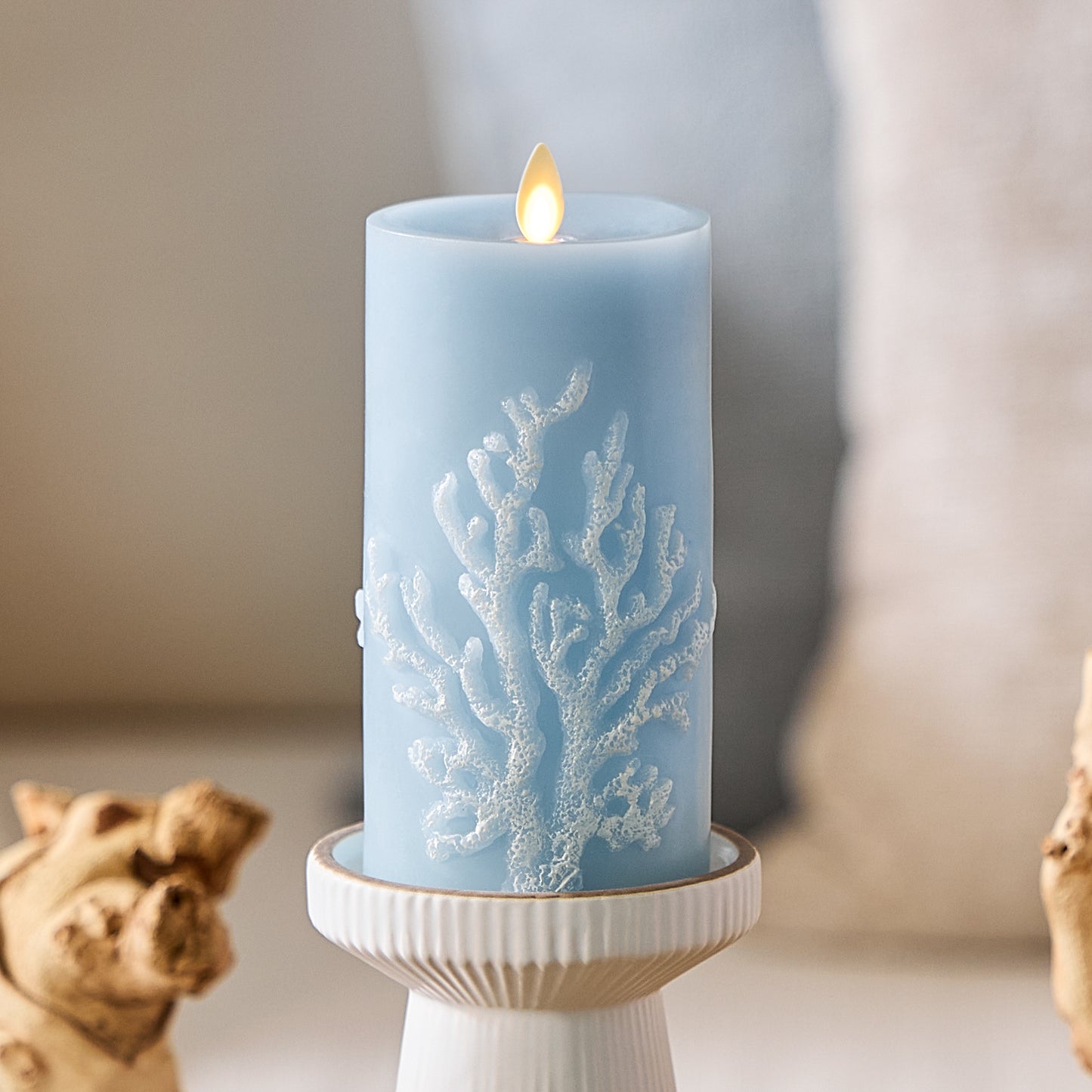 Soft Chambray Embossed Coral Flameless Candle Pillar