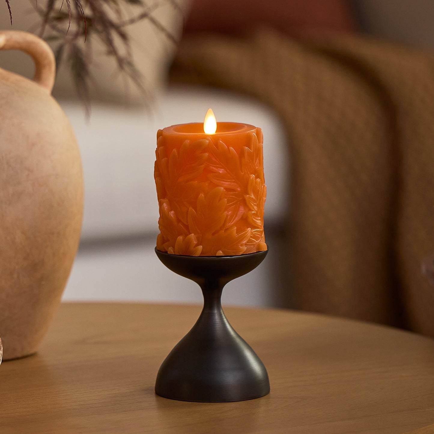 Marmalade Embossed Leaves Flameless Candle Pillars