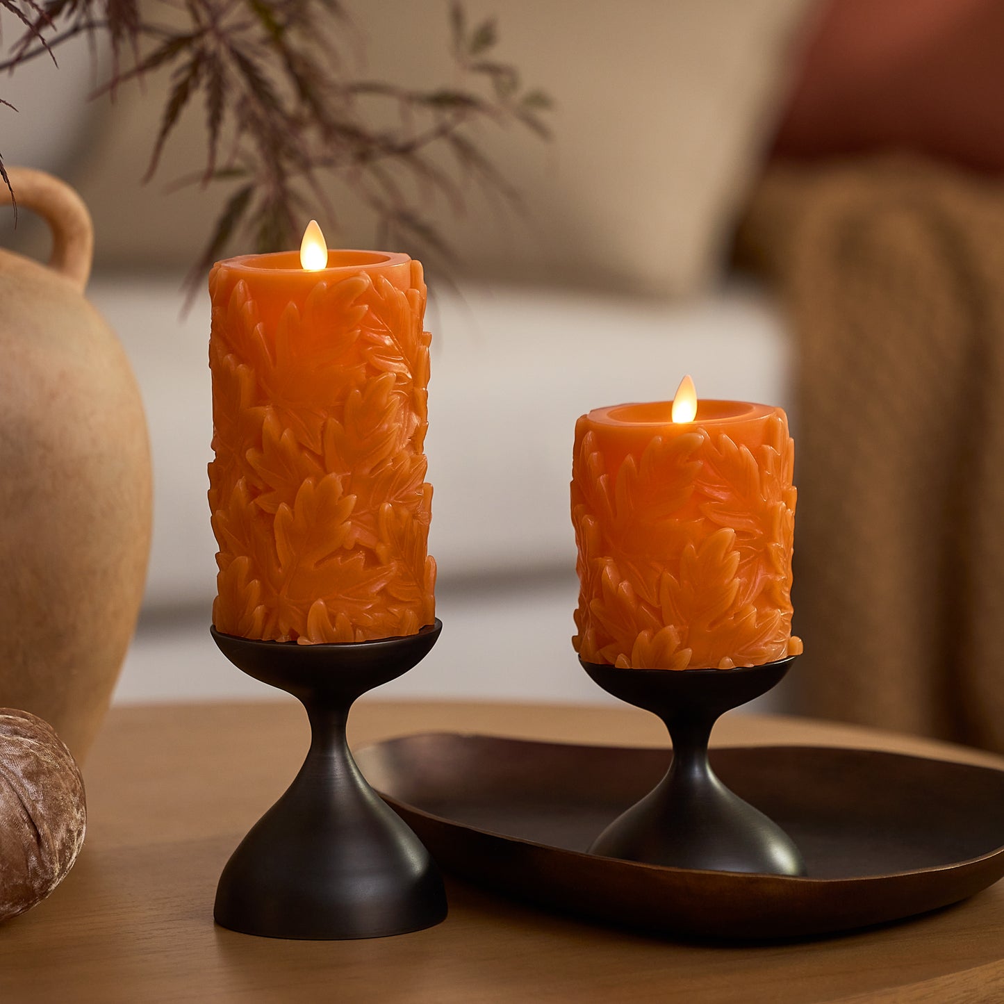 Marmalade Embossed Leaves Flameless Candle Pillars
