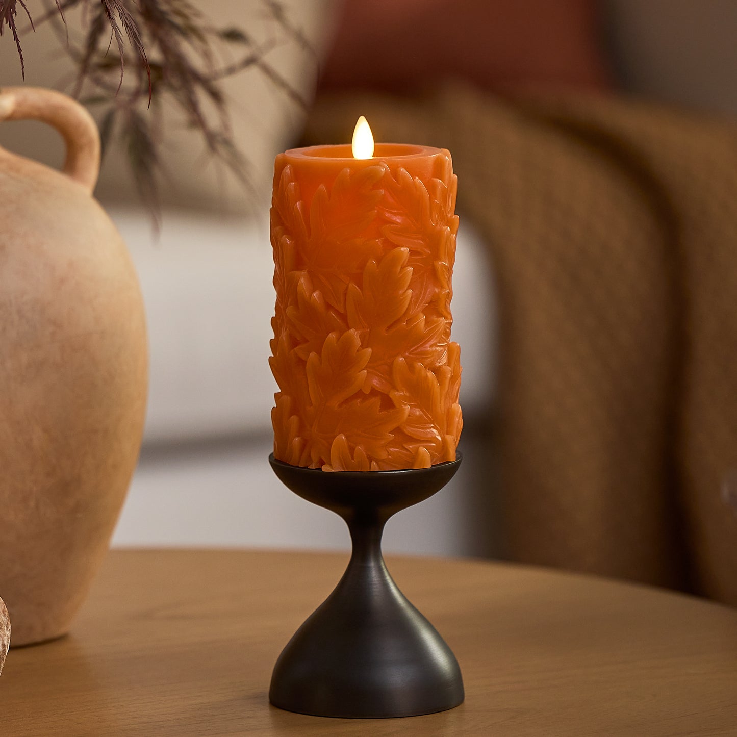 Marmalade Embossed Leaves Flameless Candle Pillars