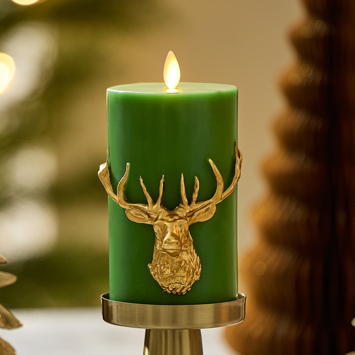 Holiday Green Reindeer Flameless Candle Pillar