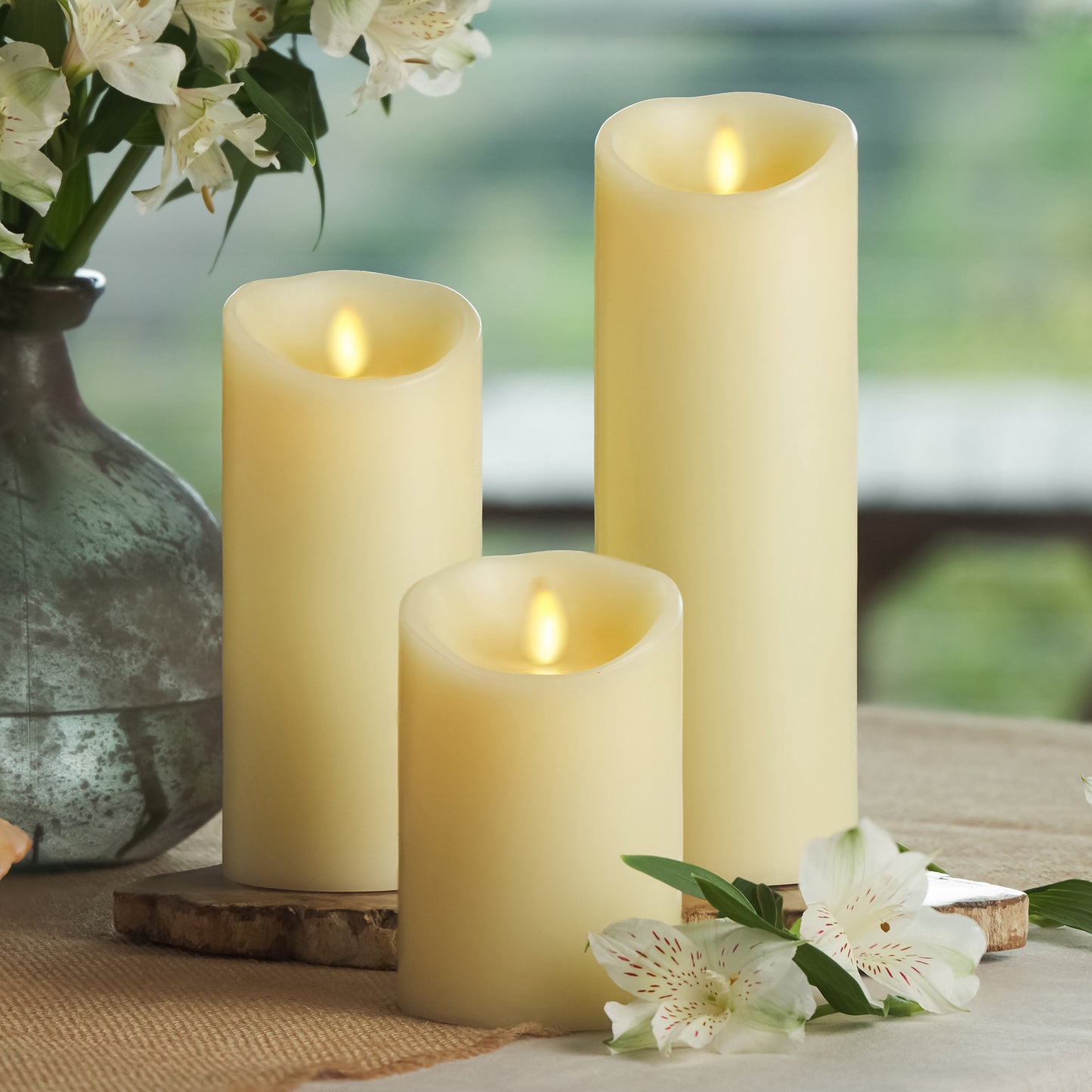 Ivory Flameless Candle Pillar - Scallop Top Vanilla Scented - 3” Width