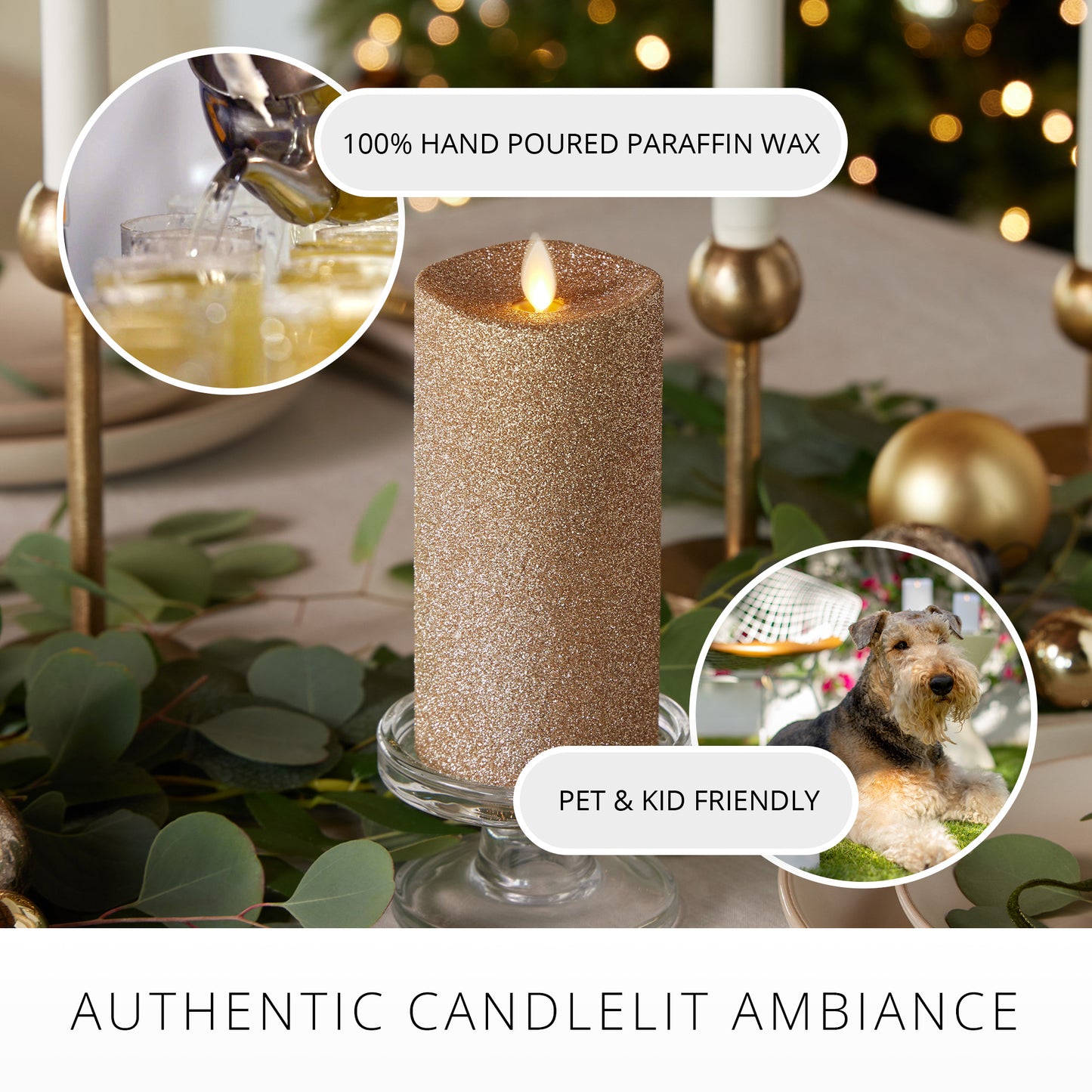 Gold Glitter Flameless Candle Pillar