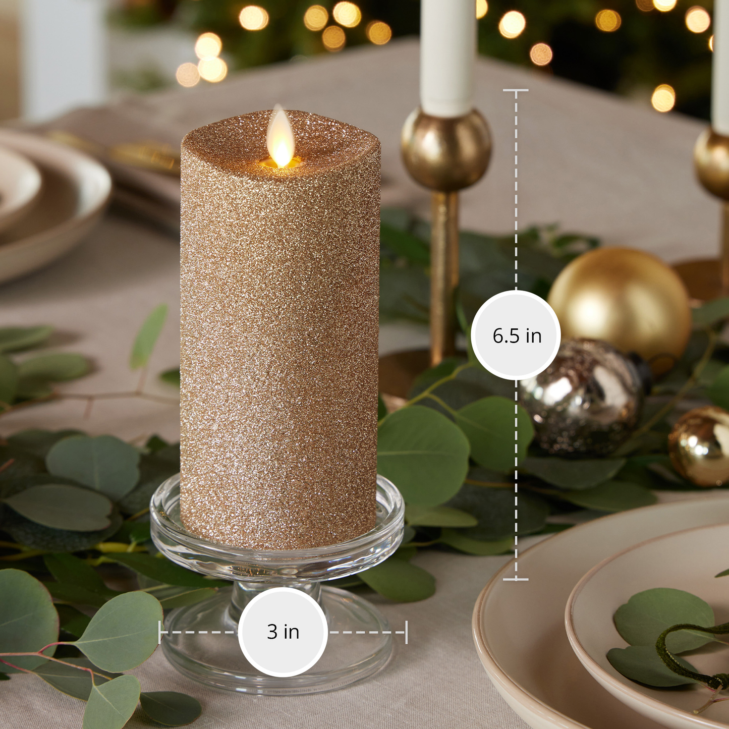 Flameless Gold Glitter Candle Pillar - Melted Top