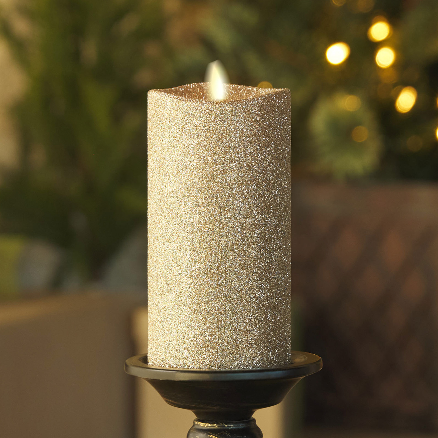 Flameless Gold Glitter Candle Pillar - Melted Top