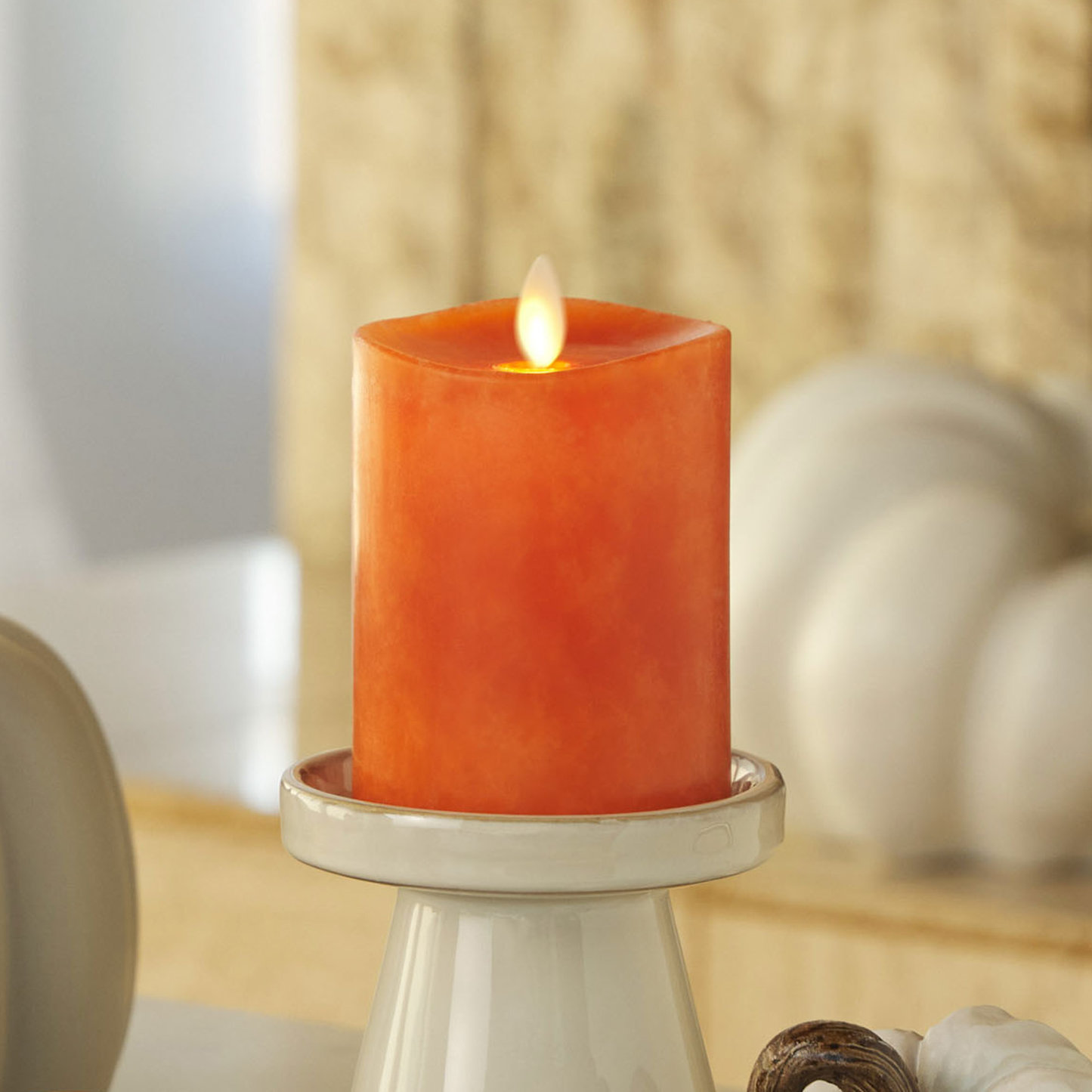Mottled Harvest Pumpkin Flameless Candle Pillar - Melted Top