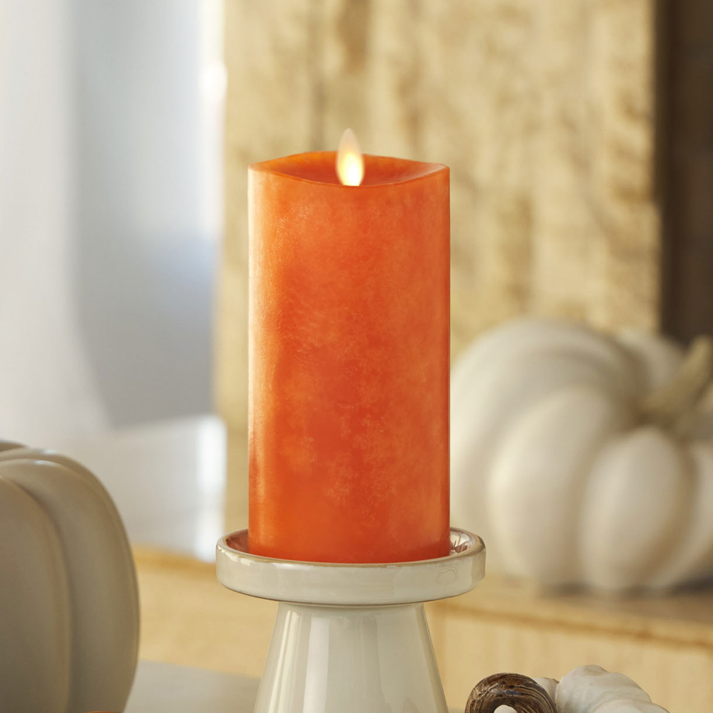 Mottled Harvest Pumpkin Flameless Candle Pillar - Melted Top