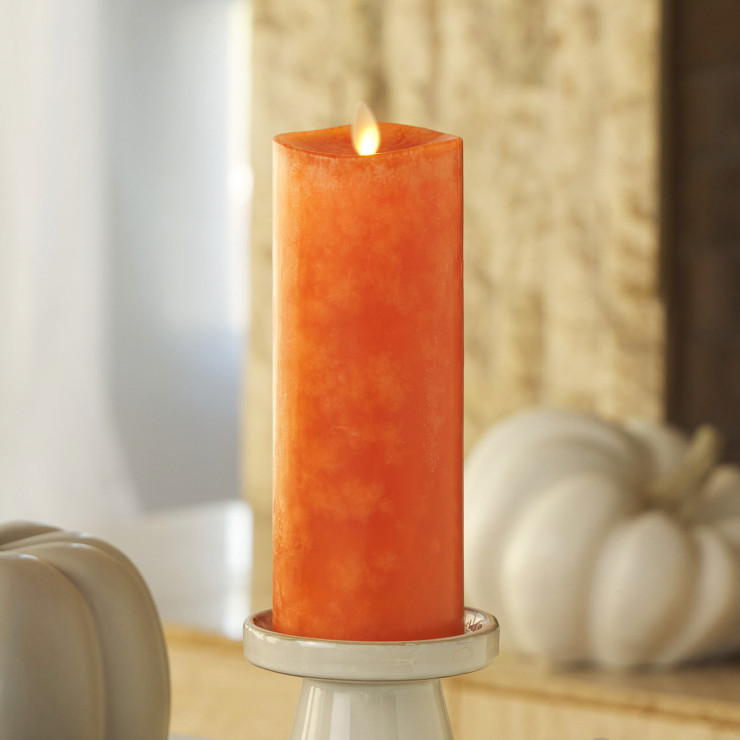 Mottled Harvest Pumpkin Flameless Candle Pillar - Melted Top