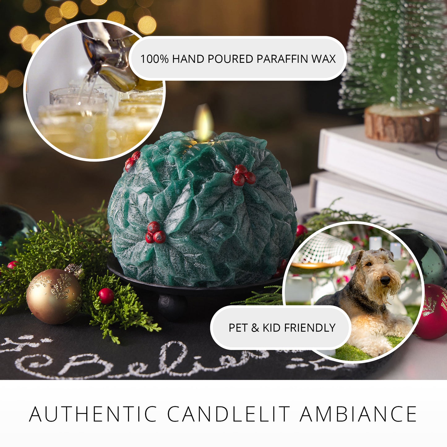 Hunter Green Flameless Candle Holly Sphere