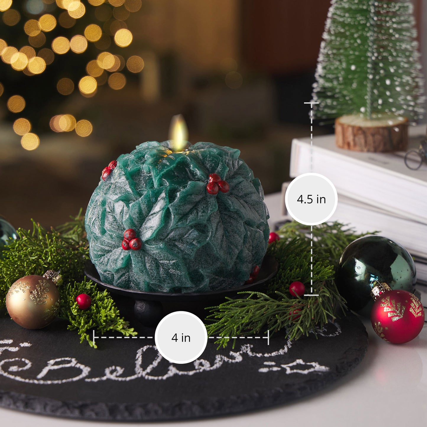 Hunter Green Flameless Candle Holly Sphere