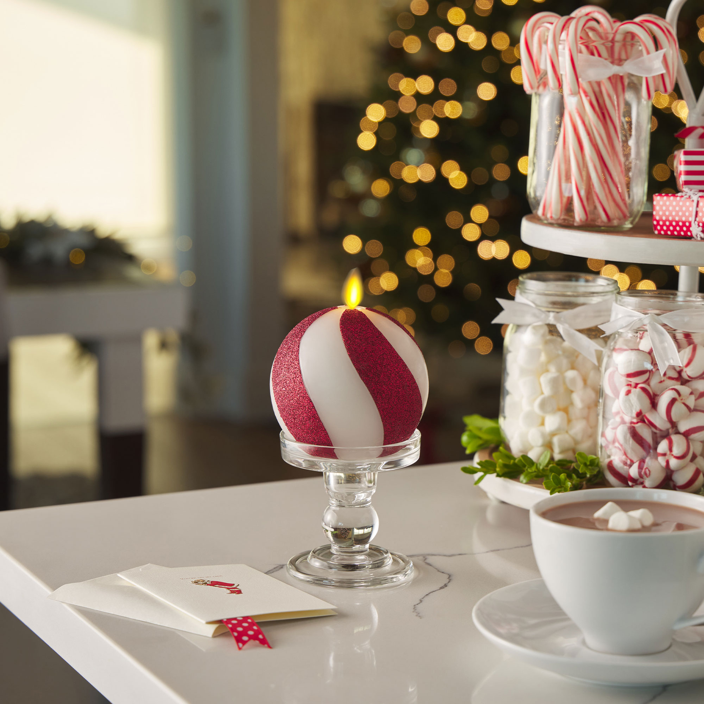 Red Candy Cane Glitter Stripe White Flameless Candle Sphere
