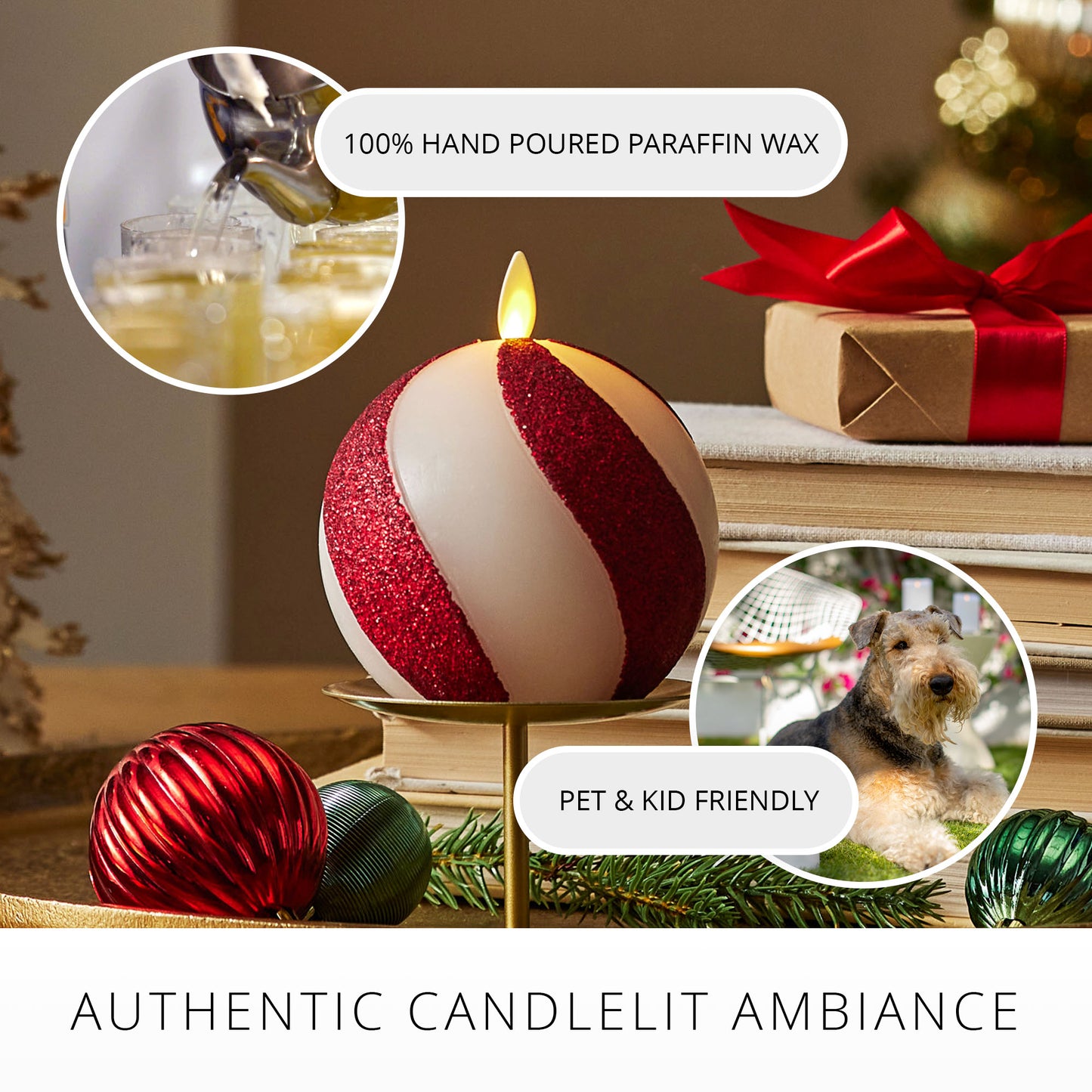Red Candy Cane Glitter Stripe White Flameless Candle Sphere