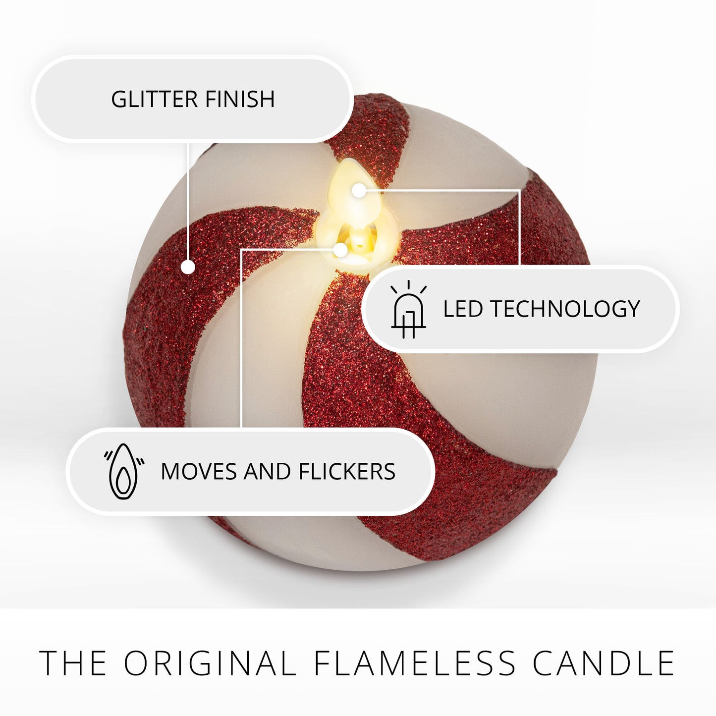 Red Candy Cane Glitter Stripe White Flameless Candle Sphere