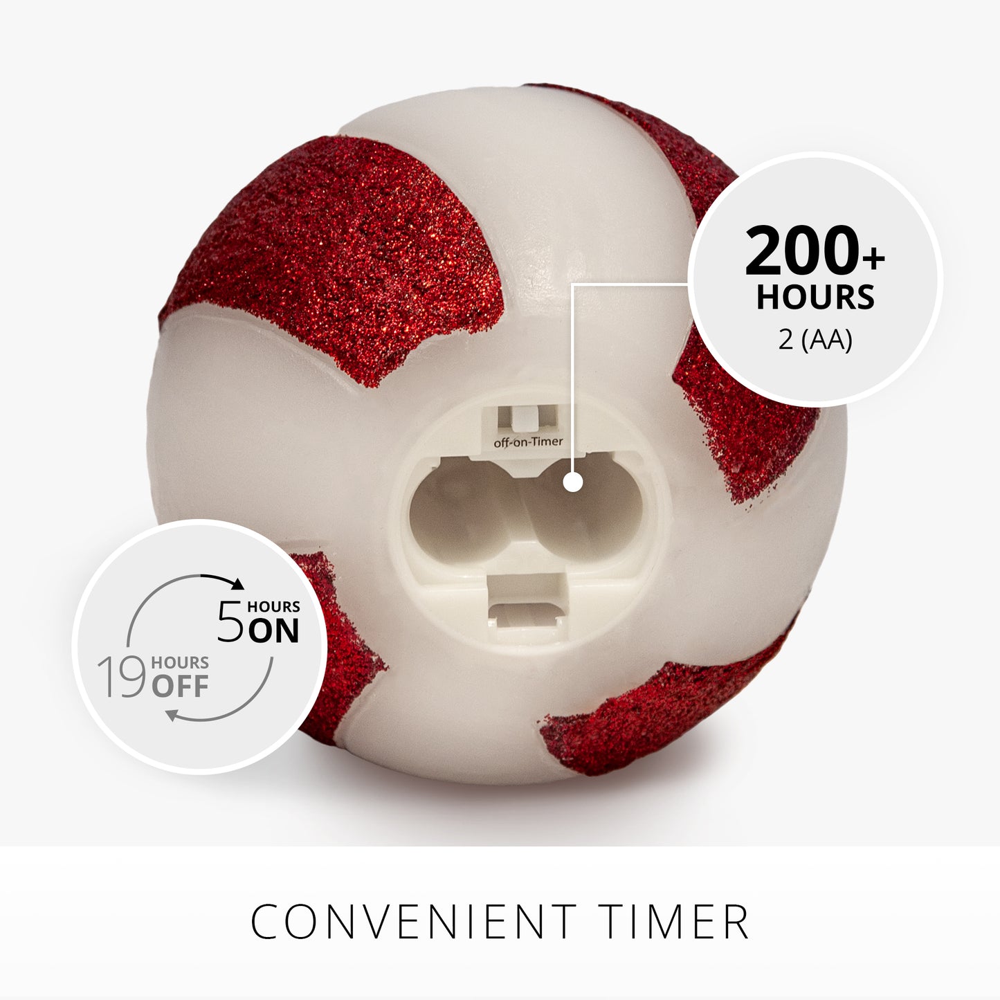 Red Candy Cane Glitter Stripe White Flameless Candle Sphere