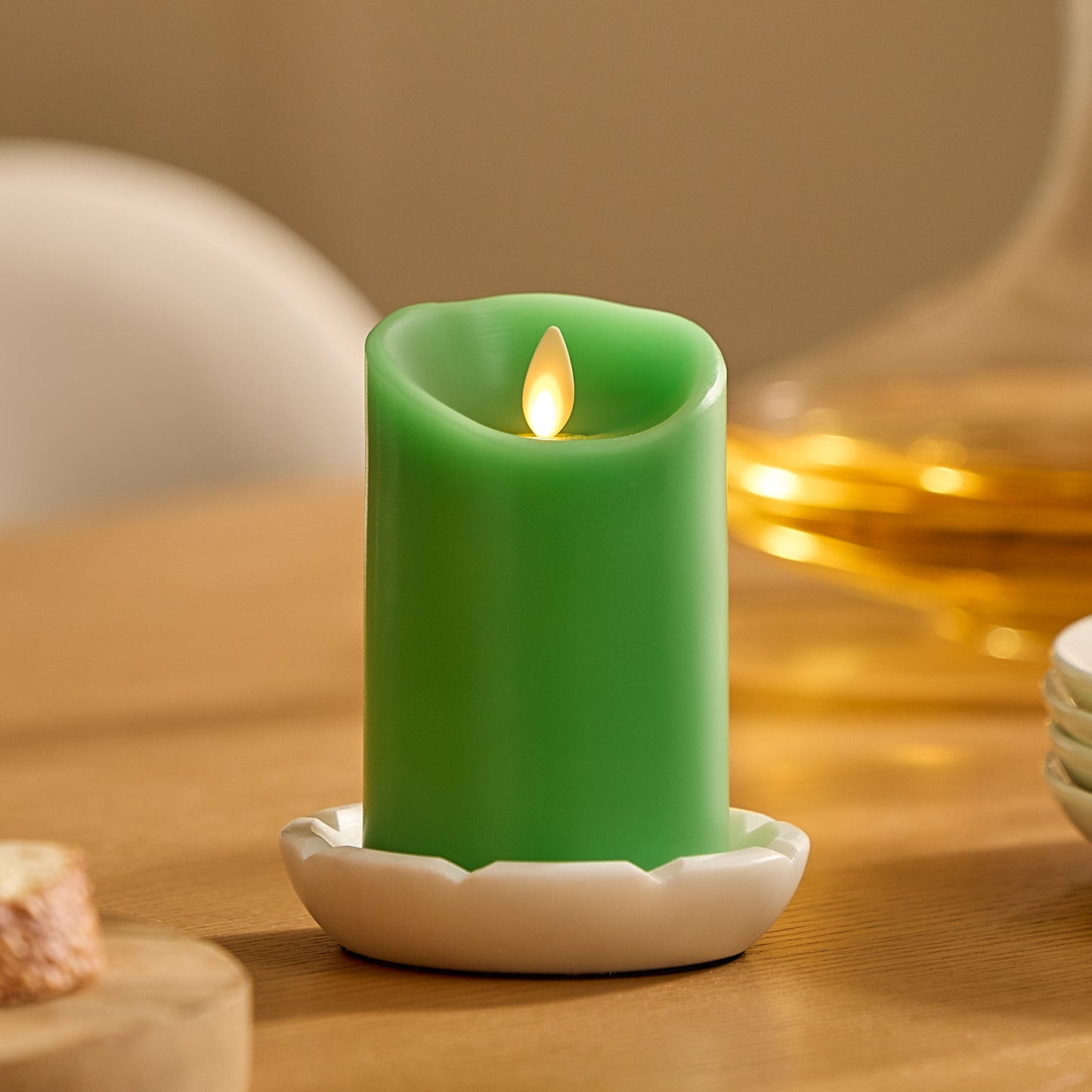 Vibrant Green Flameless Candle Pillar - Scallop Top - 3" Width