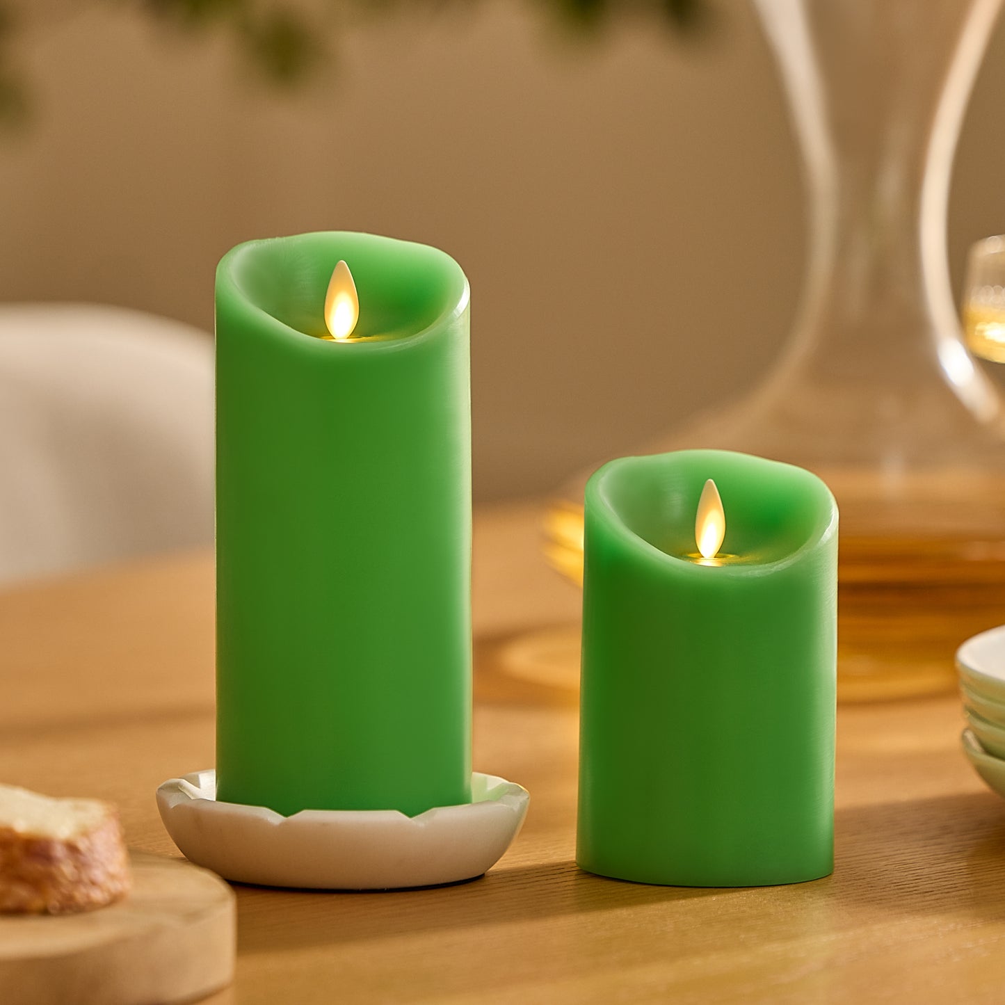 Vibrant Green Flameless Candle Pillar - Scallop Top - 3" Width