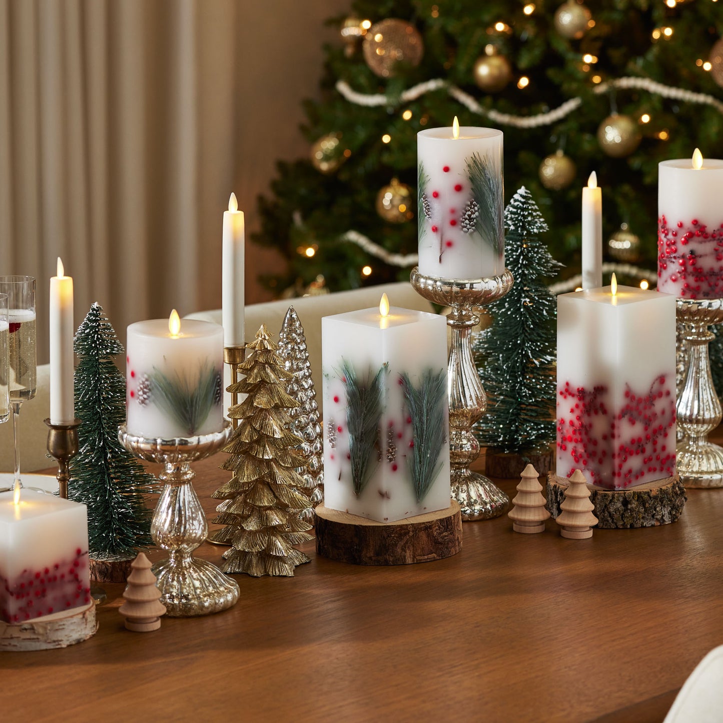 Embedded Pine, Berries & Pinecones Flameless Candle Pillar