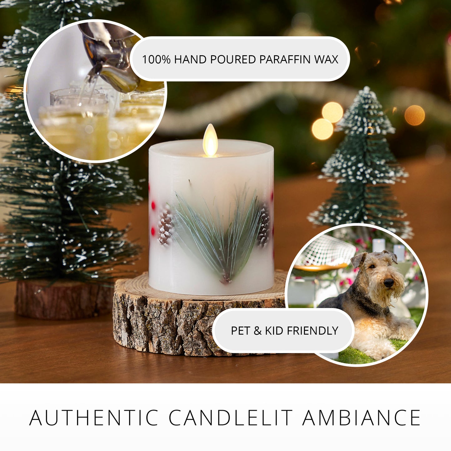 Embedded Pine, Berries & Pinecones Flameless Candle Pillar