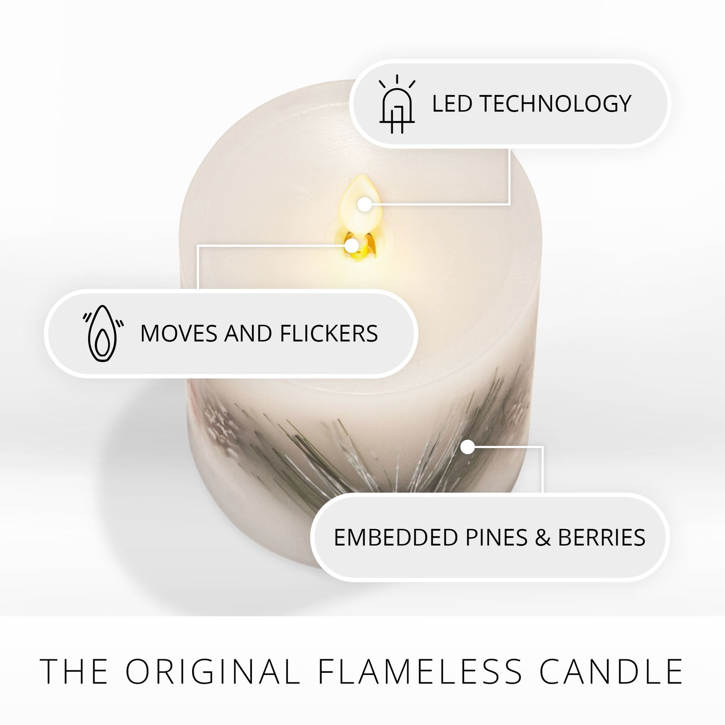 Embedded Pine, Berries & Pinecones Flameless Candle Pillar