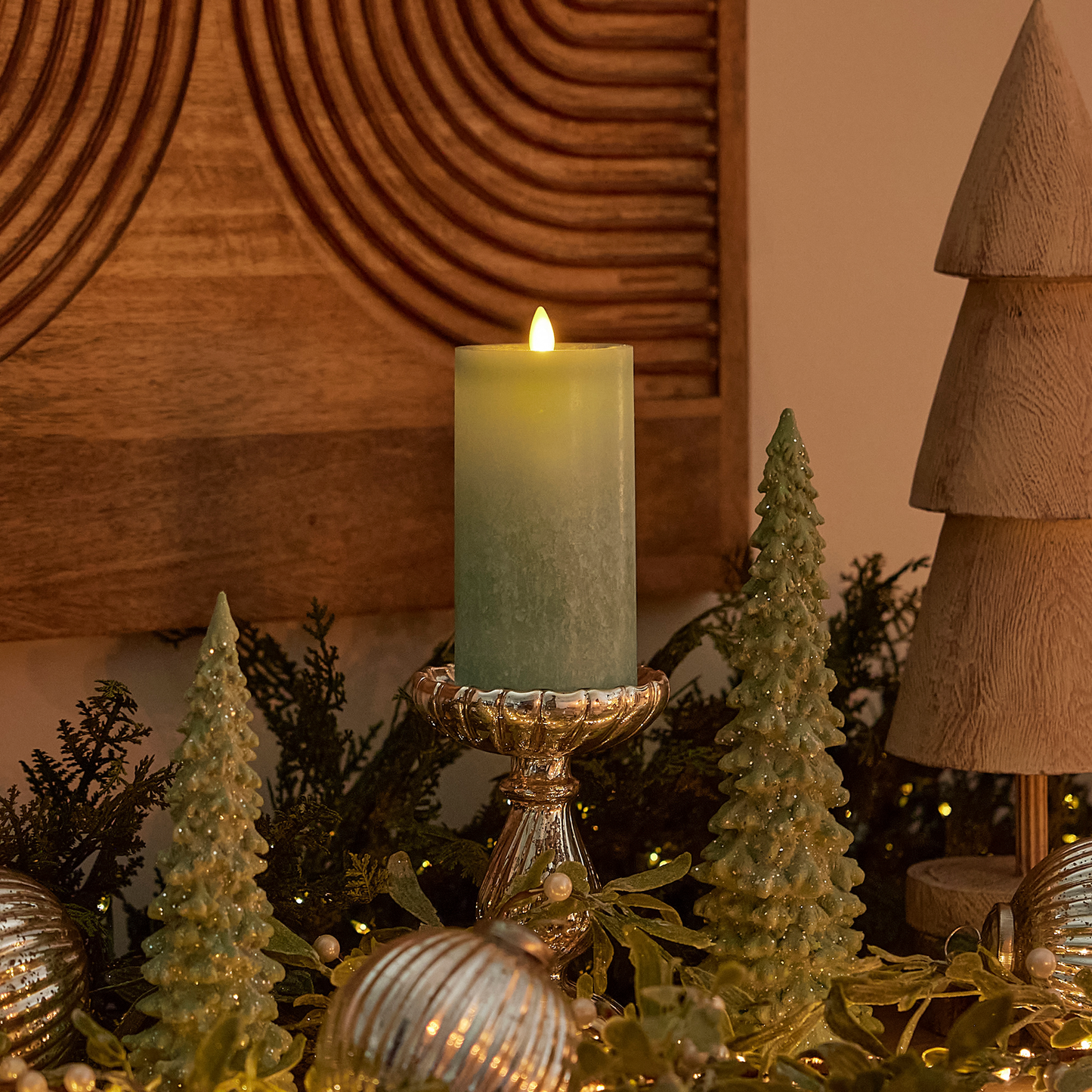 Iceberg Green Flameless Candle Pillar - Recessed Top