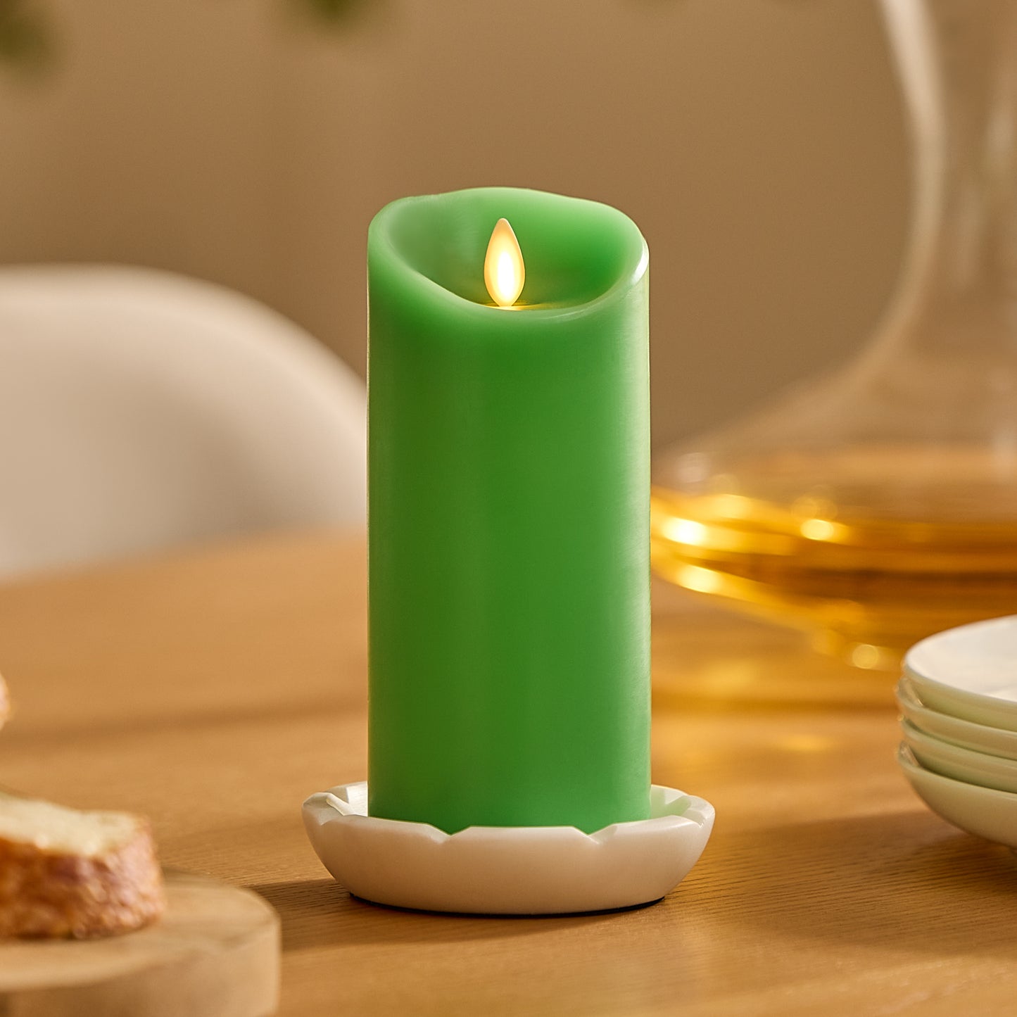 Vibrant Green Flameless Candle Pillar - Scallop Top - 3" Width