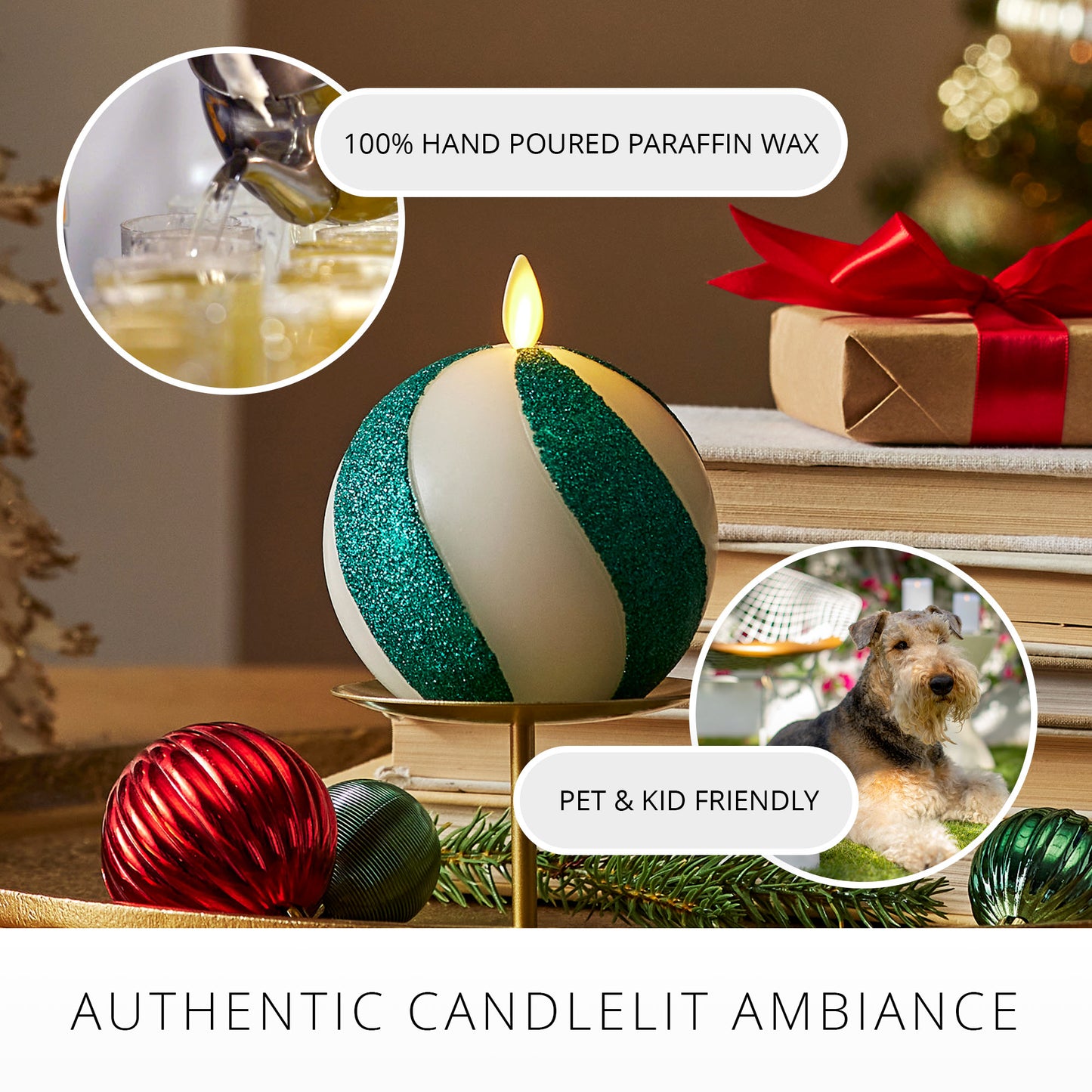 Green Candy Cane Glitter Stripe Flameless Candle Sphere