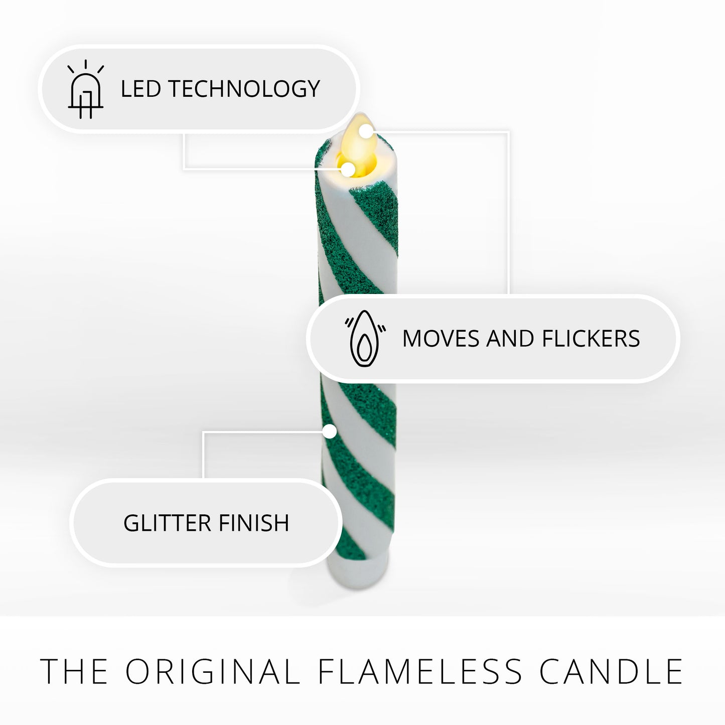 Green Candy Cane Glitter Stripe Flameless Candle Tapers - Set of 2