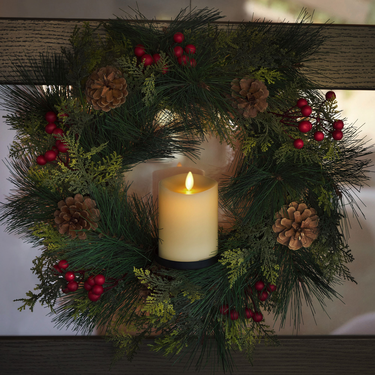 Convertible Red Berries Wreath with Ivory Flameless Candle