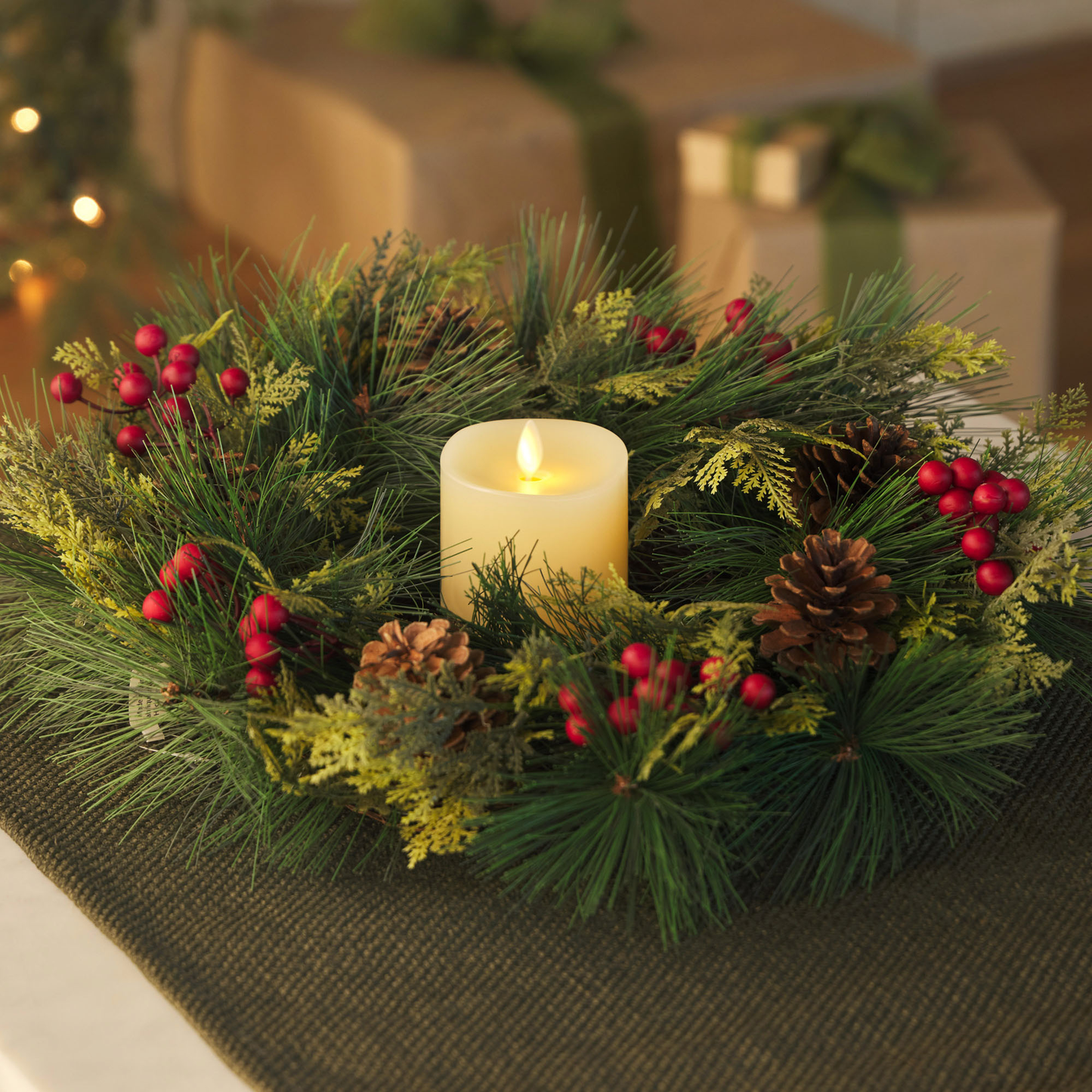 Convertible Red Berries Wreath with Ivory Flameless Candle