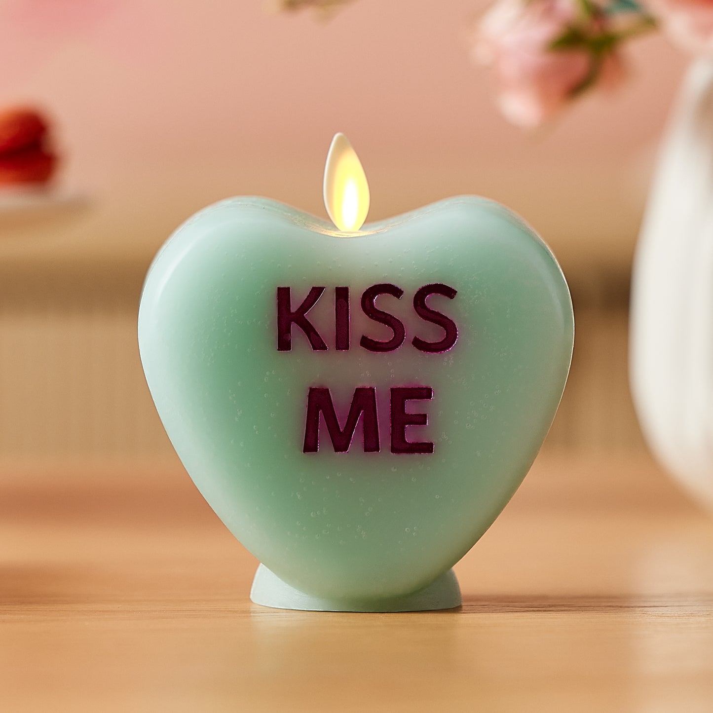 Fresh Mint Flameless Candle Candy Heart "KISS ME"
