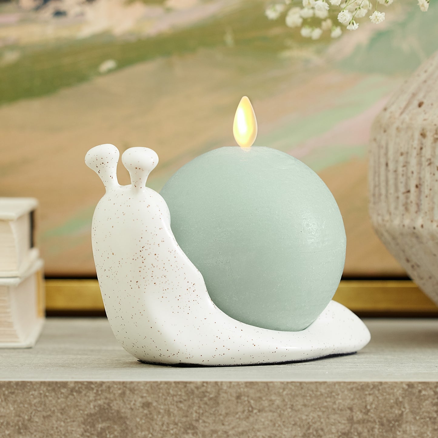 White Speckled Ceramic Snail Candle Holder for Spring Flameless Candle Spheres