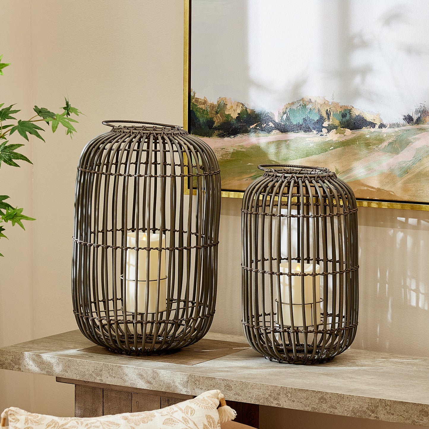 Weathered Grey Lantern with Outdoor Candle and Remote