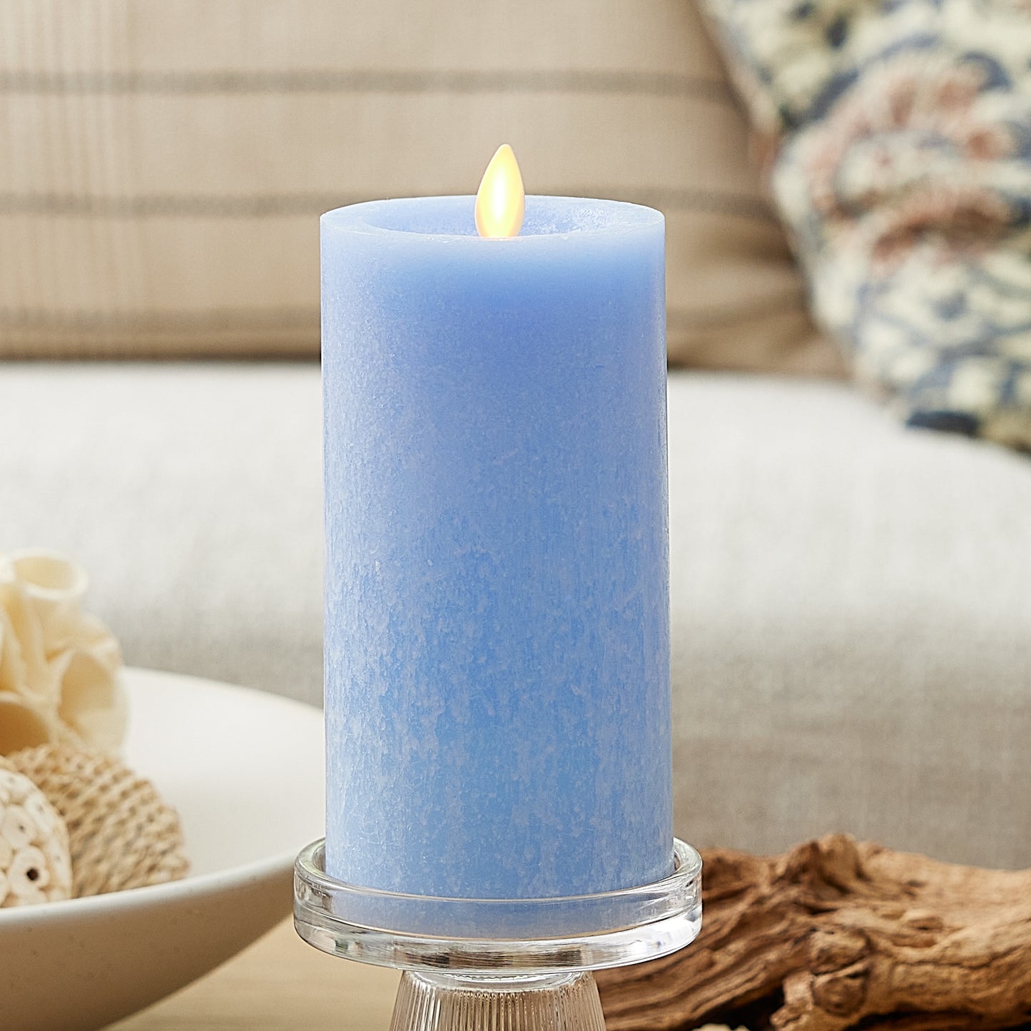 Cornflower Seaglass Flameless Candle Pillar