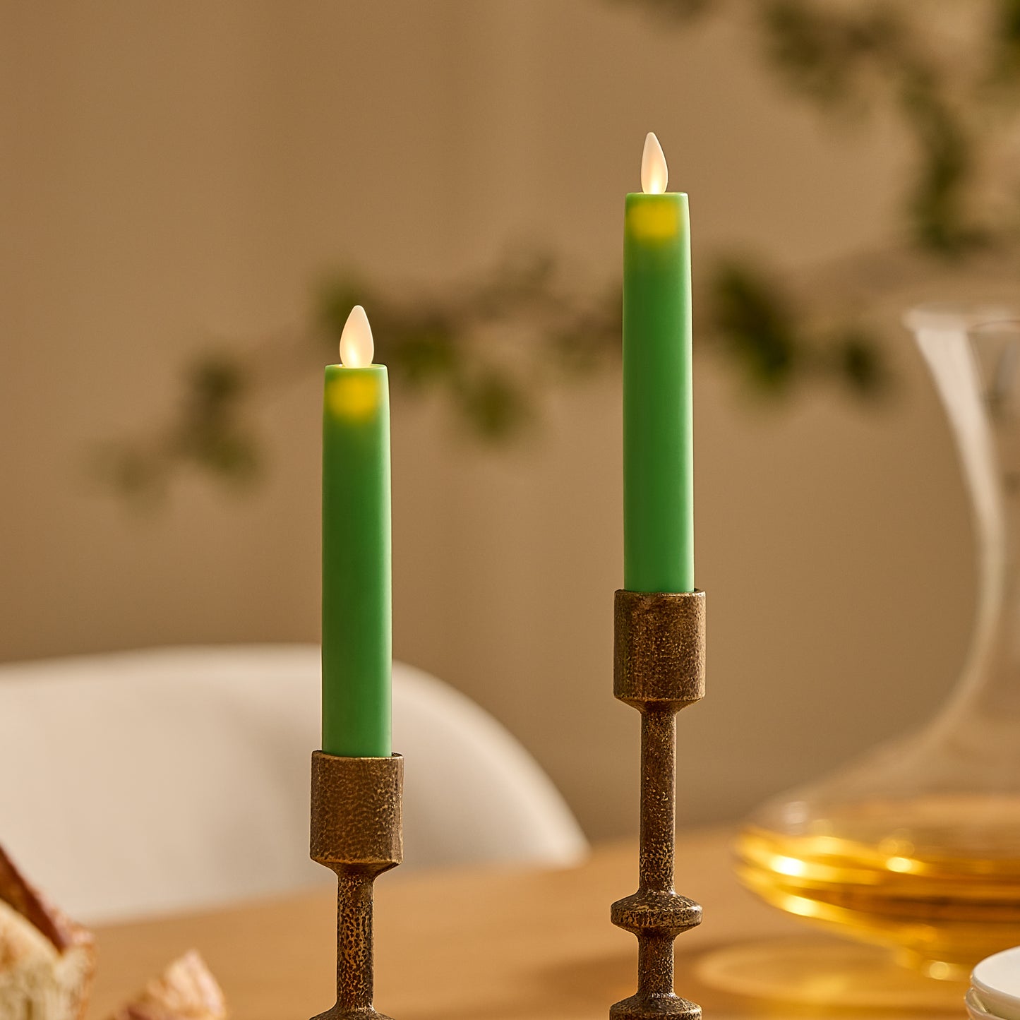 Vibrant Green Flameless Candle Tapers - Flat Top - 6.75" Height - Set of 2