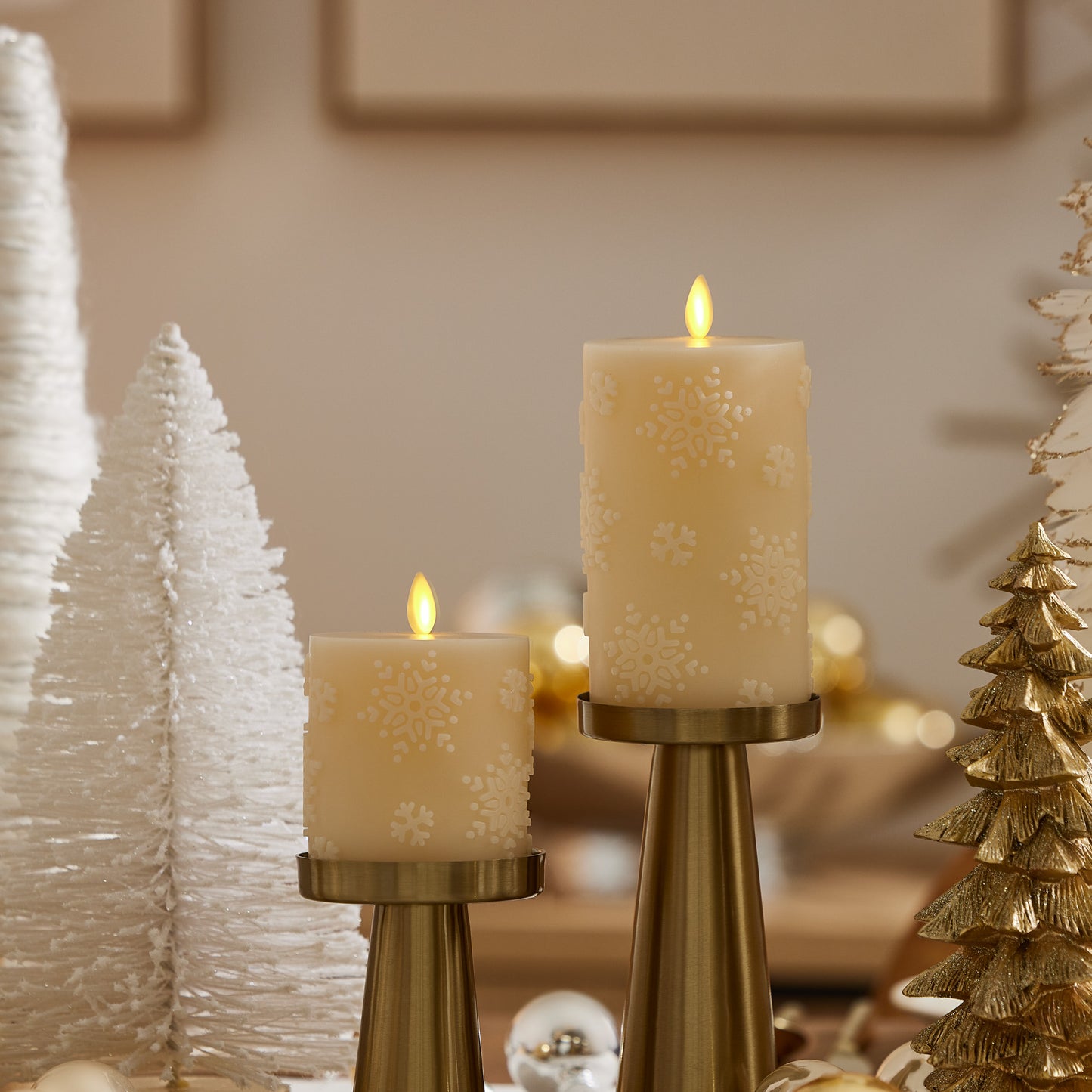 White Swan Embossed Snowflake Flameless Candle Pillar