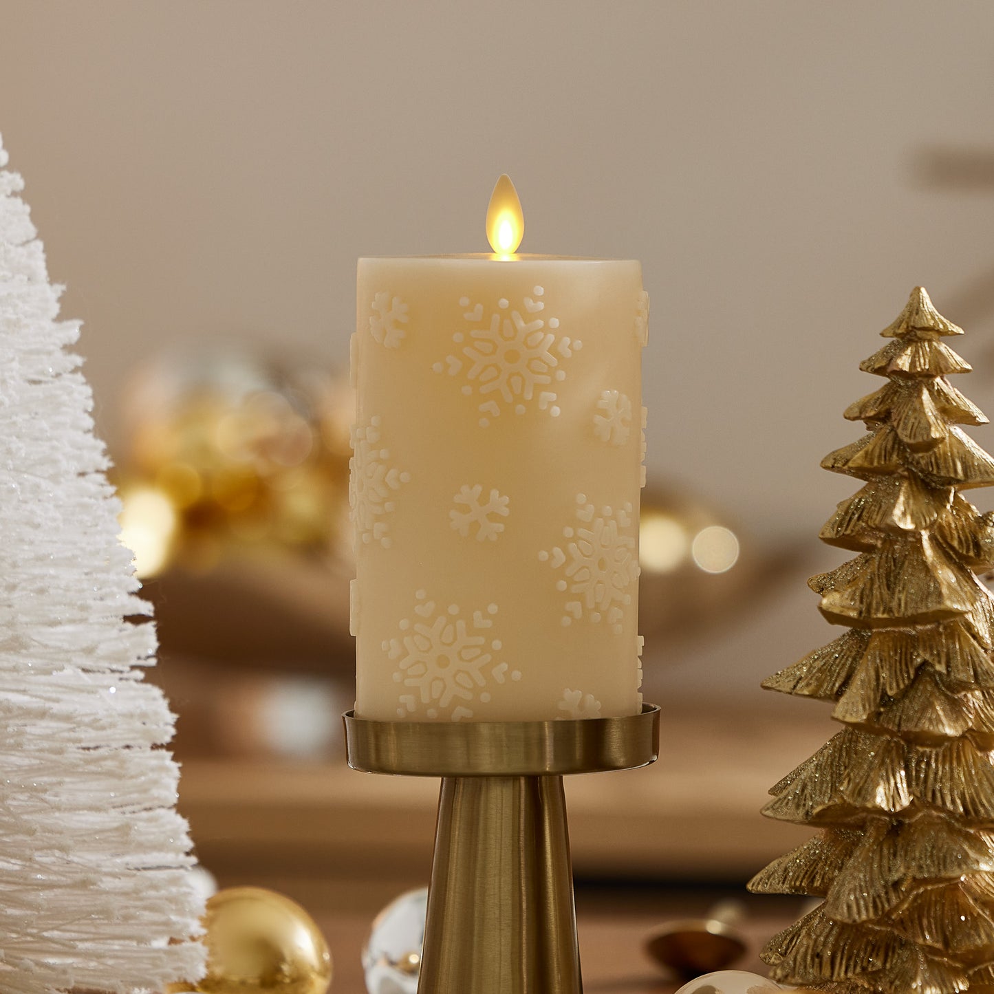 White Swan Embossed Snowflake Flameless Candle Pillar