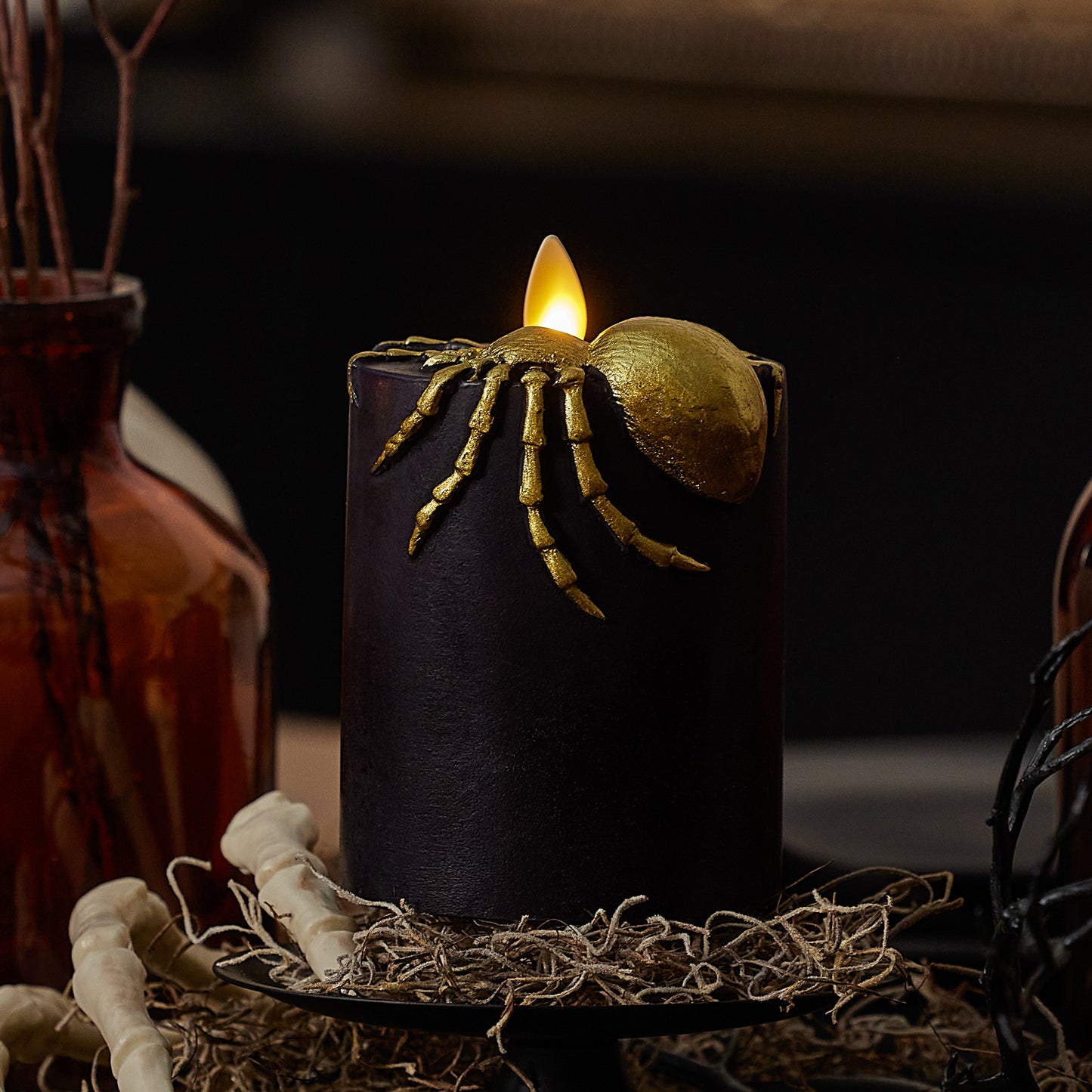 Black and Gold Spider Flameless Candle Pillar