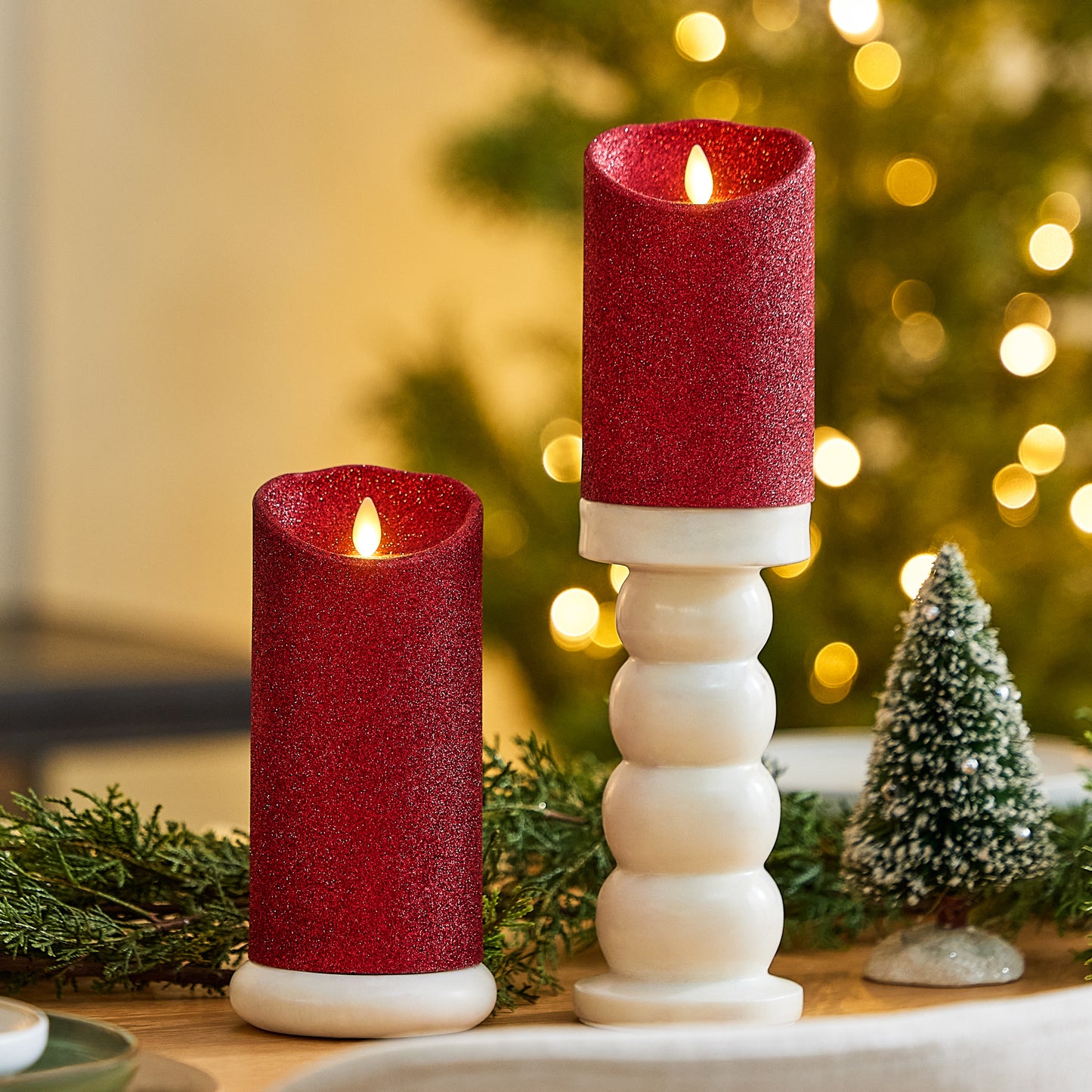 Holiday Red Glitter Flameless Candle Pillar