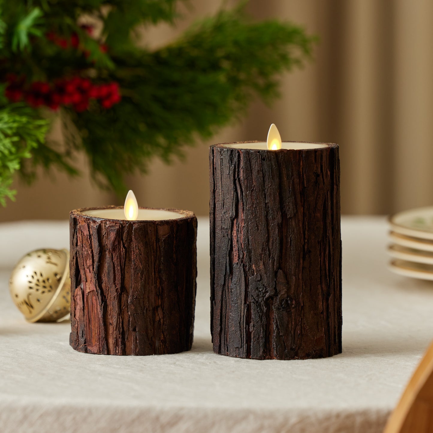 Real Bark Wood Flameless Candle Pillar