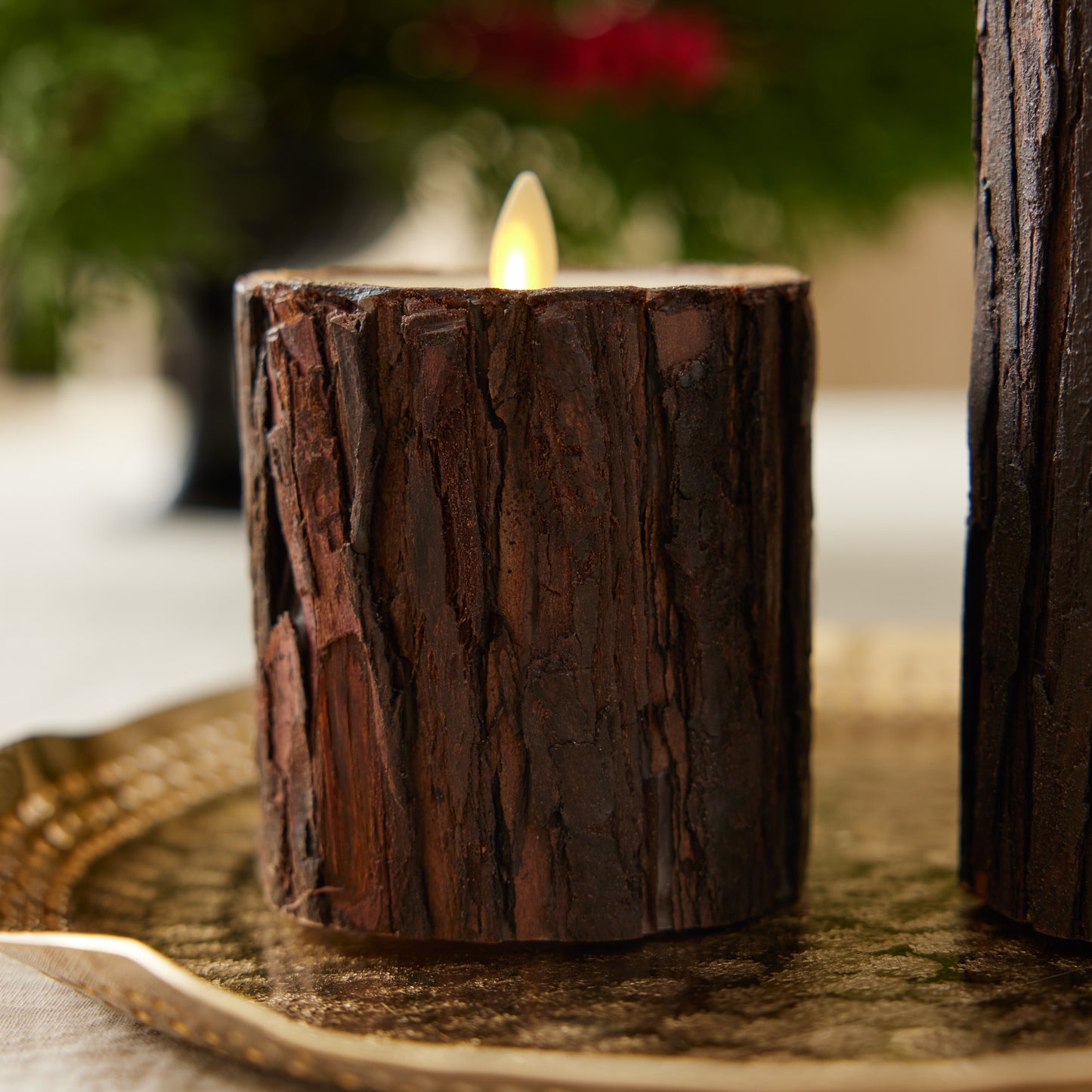 Real Bark Wood Flameless Candle Pillar