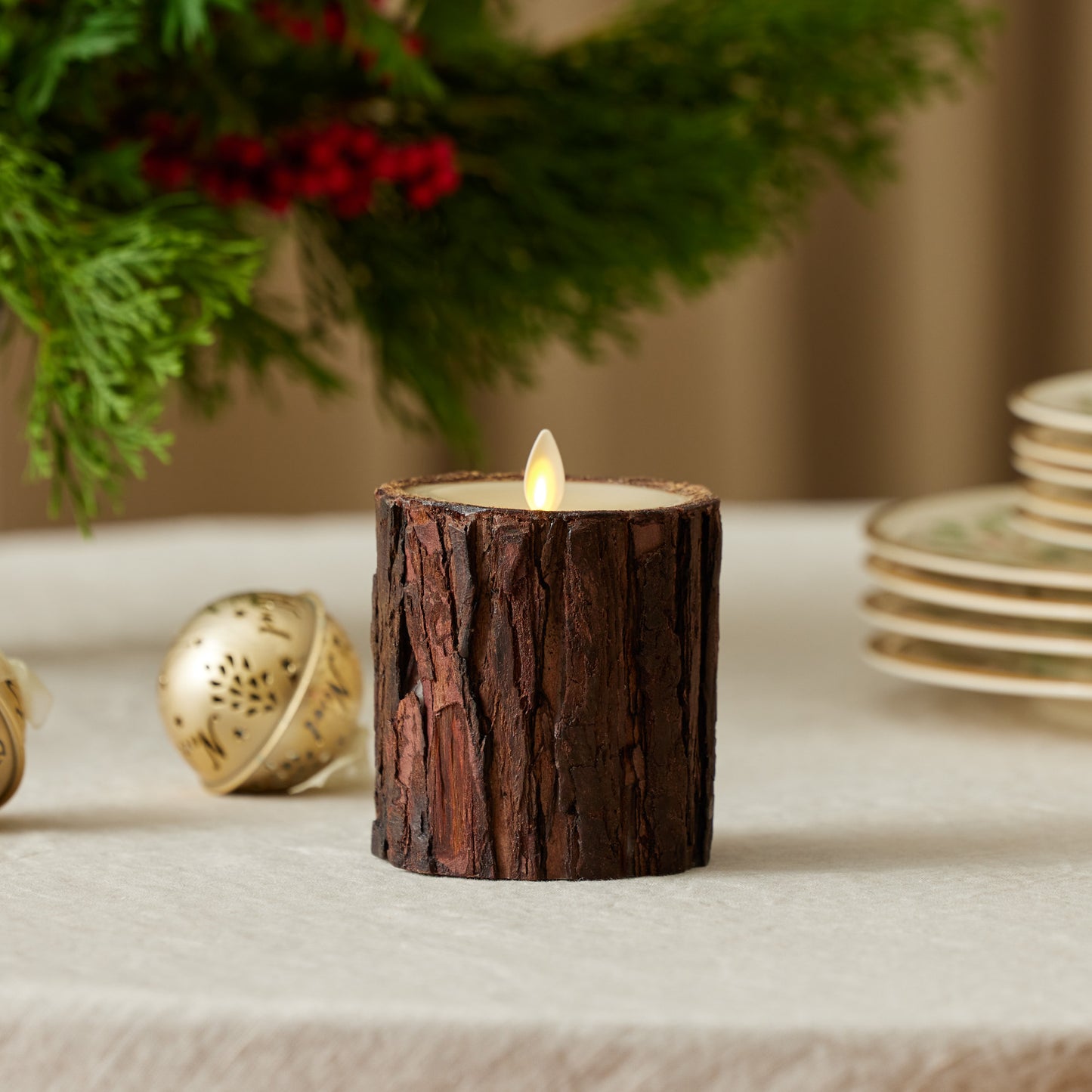 Real Bark Wood Flameless Candle Pillar