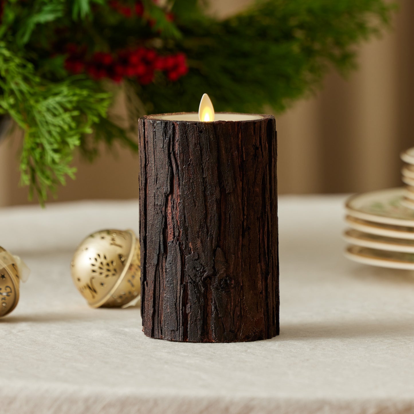 Real Bark Wood Flameless Candle Pillar