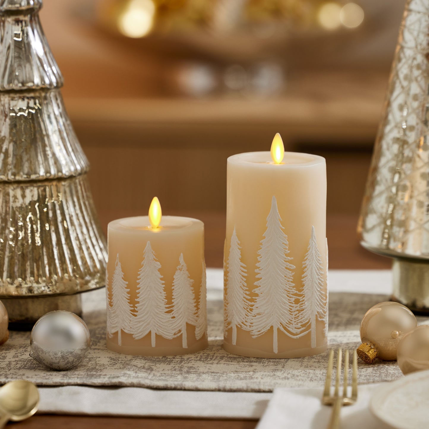 White Swan Embossed Trees Flameless Candle Pillar