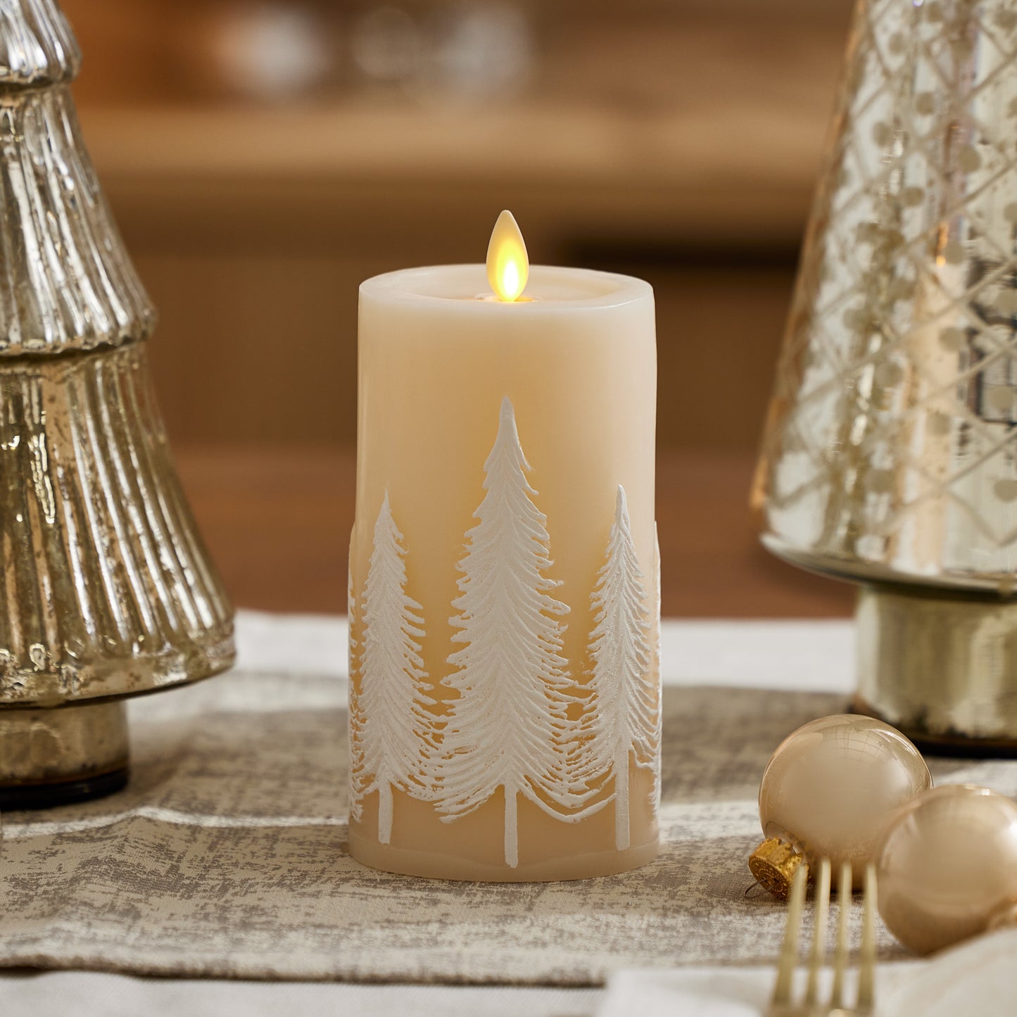 White Swan Embossed Trees Flameless Candle Pillar