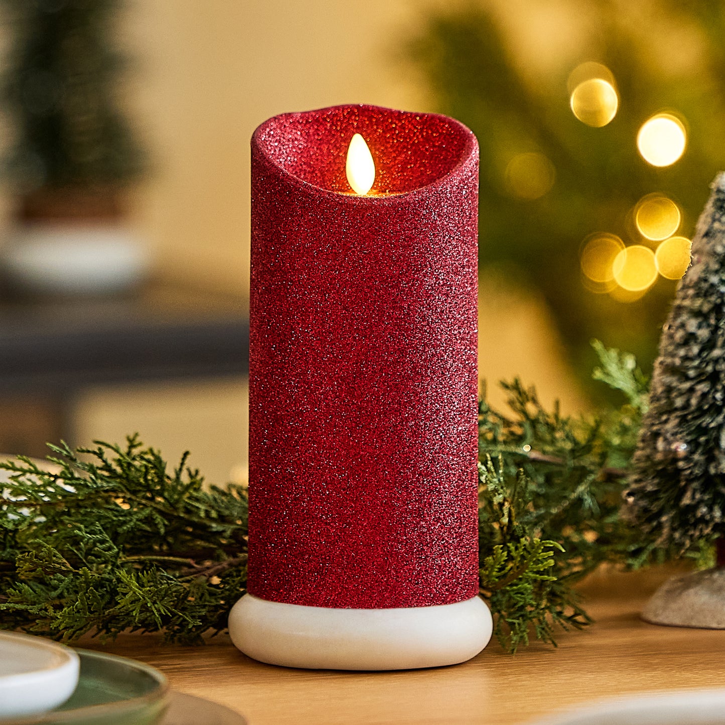 Holiday Red Glitter Flameless Candle Pillar